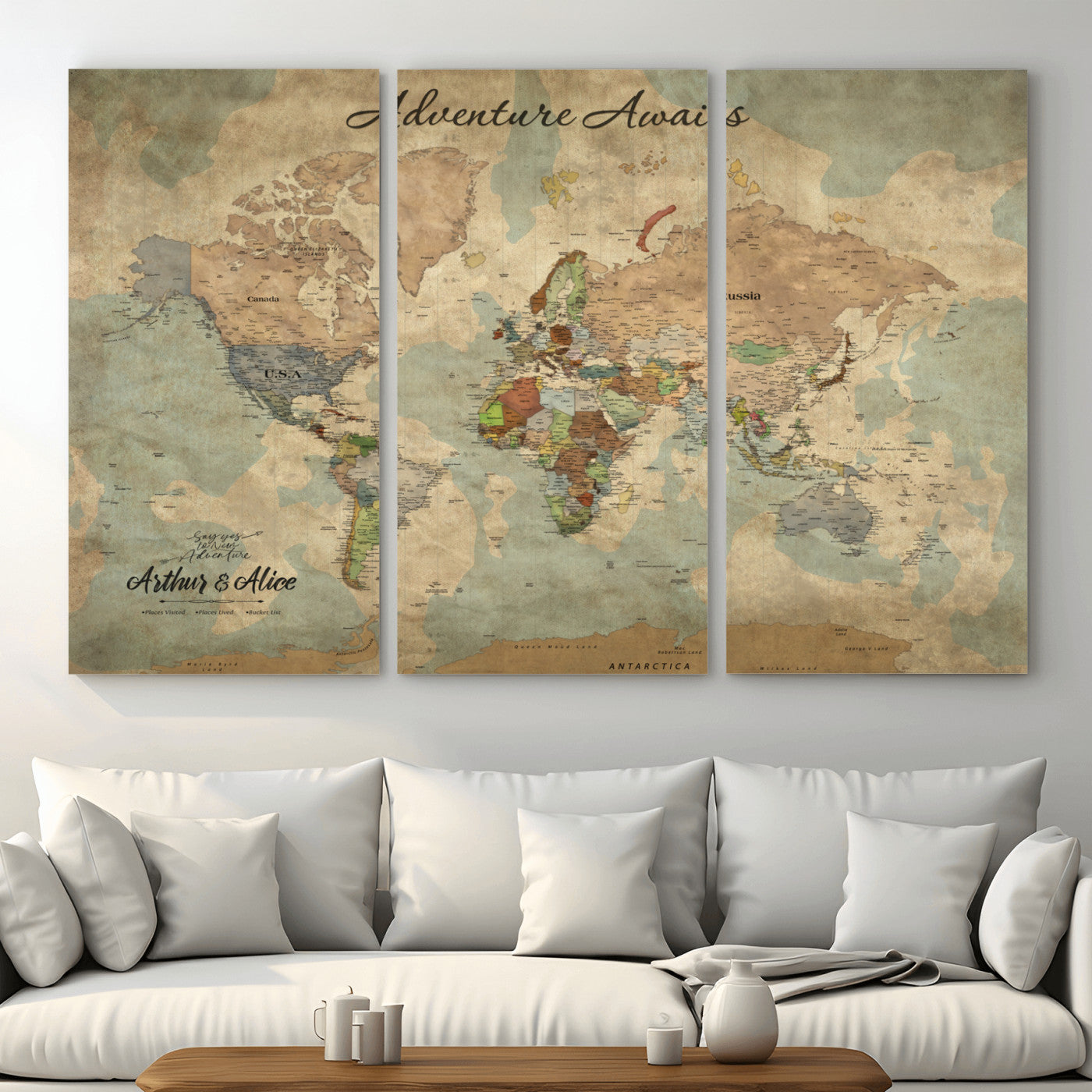 MGV-CV-48X32-3P - Personalized World Map Wall Art Canvas Print – Custom Push Pin Travel Map for Couples, Families, or Office Décor