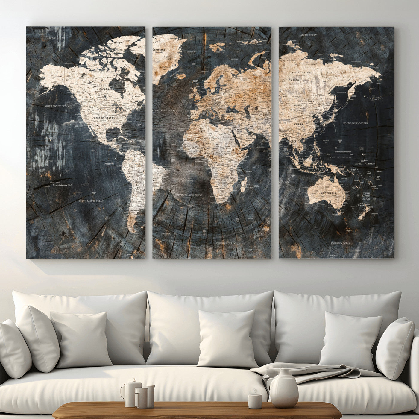 57626704-MGV-CV-48X32-3P - World Map Wall Art Canvas Print, Modern Decorative Framed Map Artwork Prints for Living Room, Office, Bedroom Wall Decor