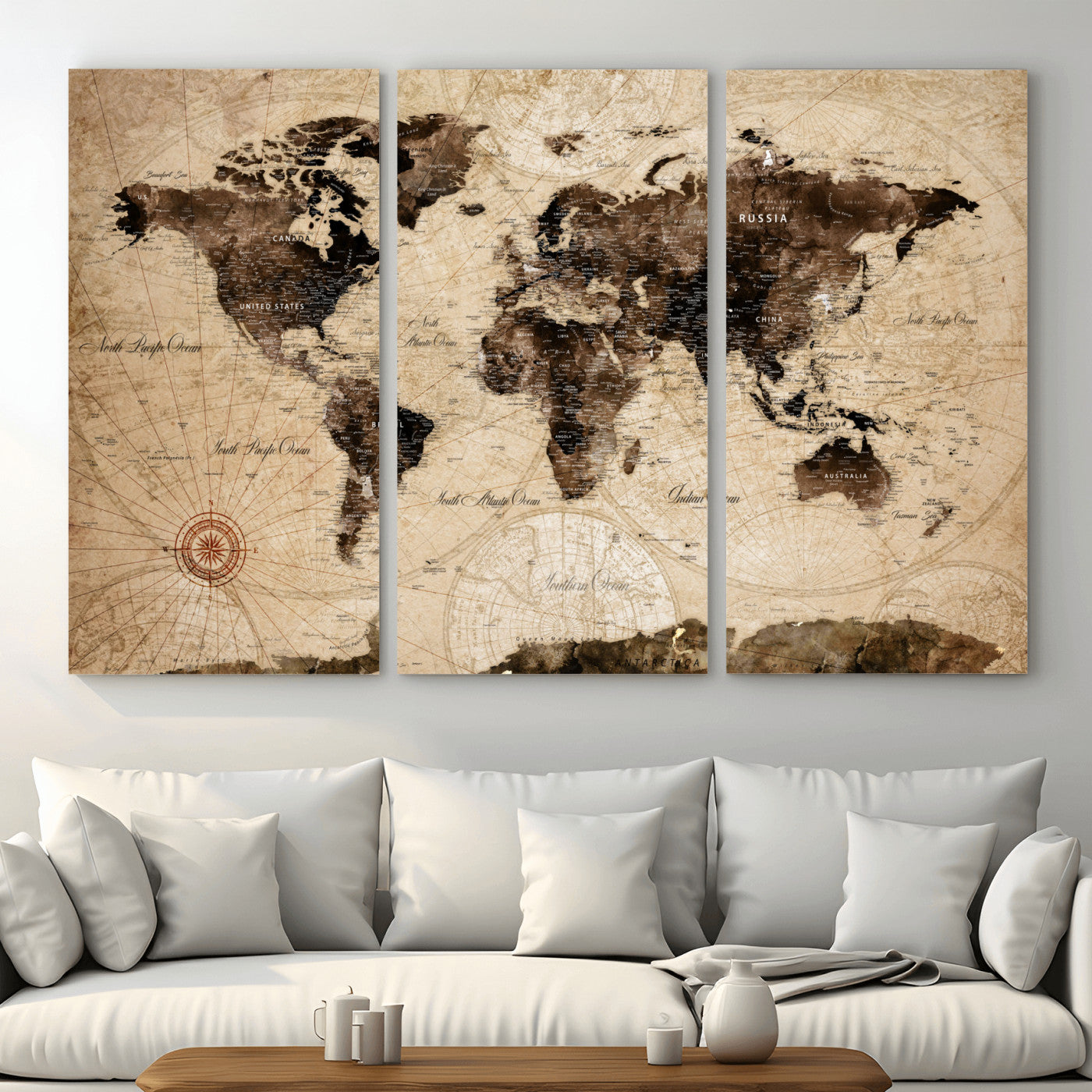 97114757-MGV-CV-48X32-3P - Vintage World Map Wall Art Canvas Print, Modern Decorative Framed Map Artwork Prints for Living Room, Office, Bedroom Wall Decor