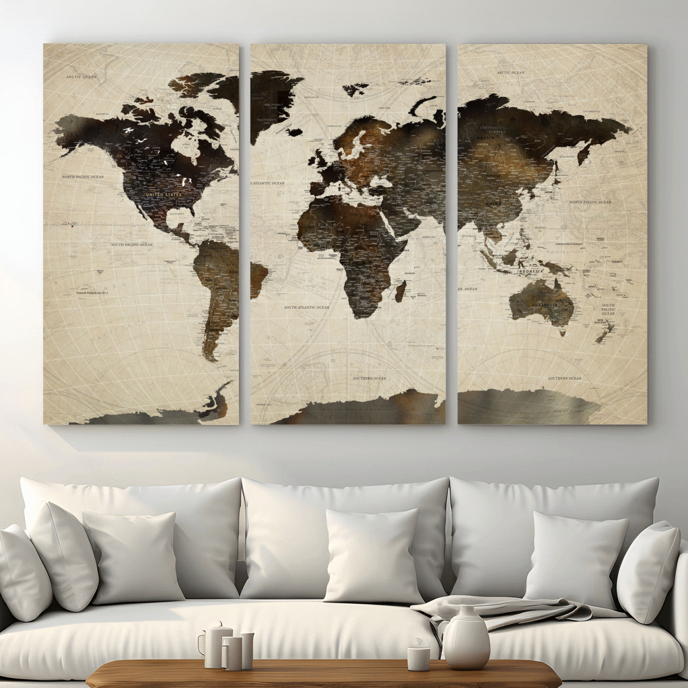 81771296-MGV-CV-48X32-3P - World Map Wall Art Canvas Print, Modern Decorative Framed Map Artwork Prints for Living Room, Office, Bedroom Wall Decor