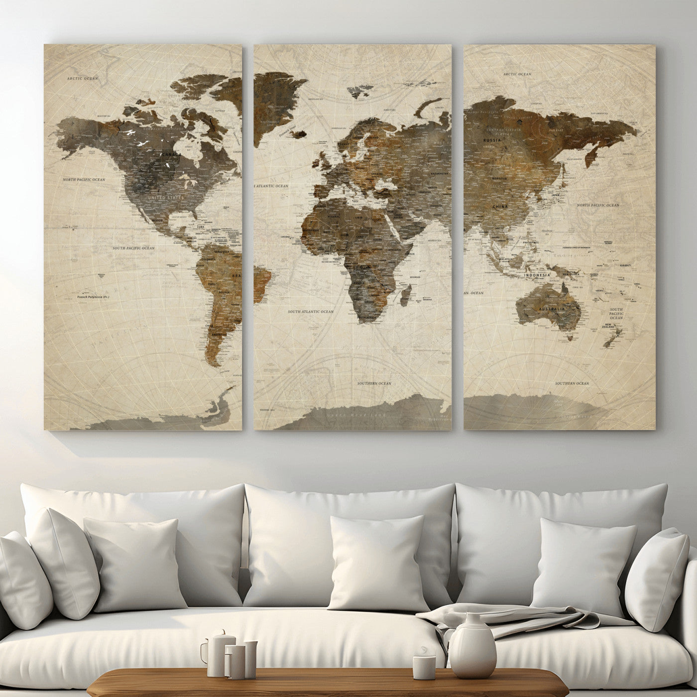 91849163-MGV-CV-48X32-3P - World Map Wall Art Canvas Print, Modern Decorative Framed Map Artwork Prints for Living Room, Office, Bedroom Wall Decor