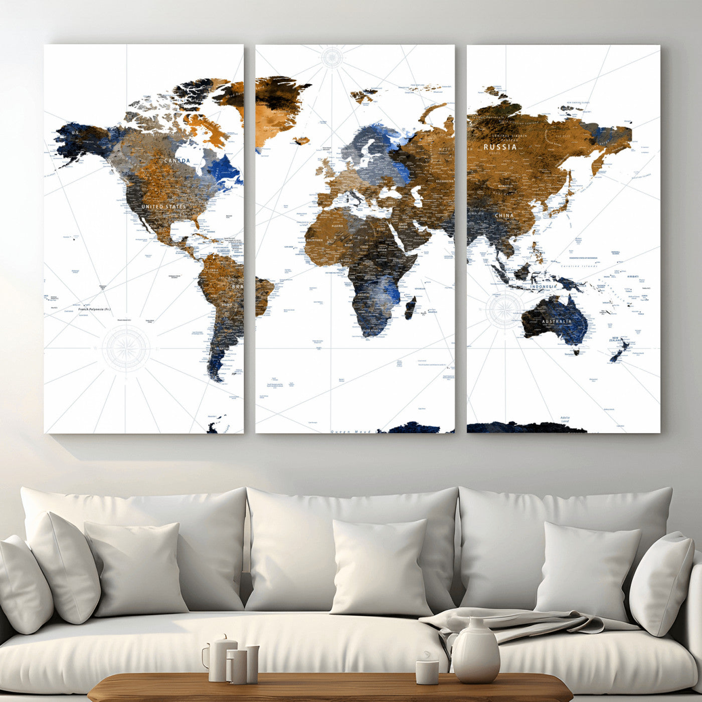 40862517-MGV-CV-48X32-3P - World Map Wall Art Canvas Print, Modern Decorative Framed Map Artwork Prints for Living Room, Office, Bedroom Wall Decor