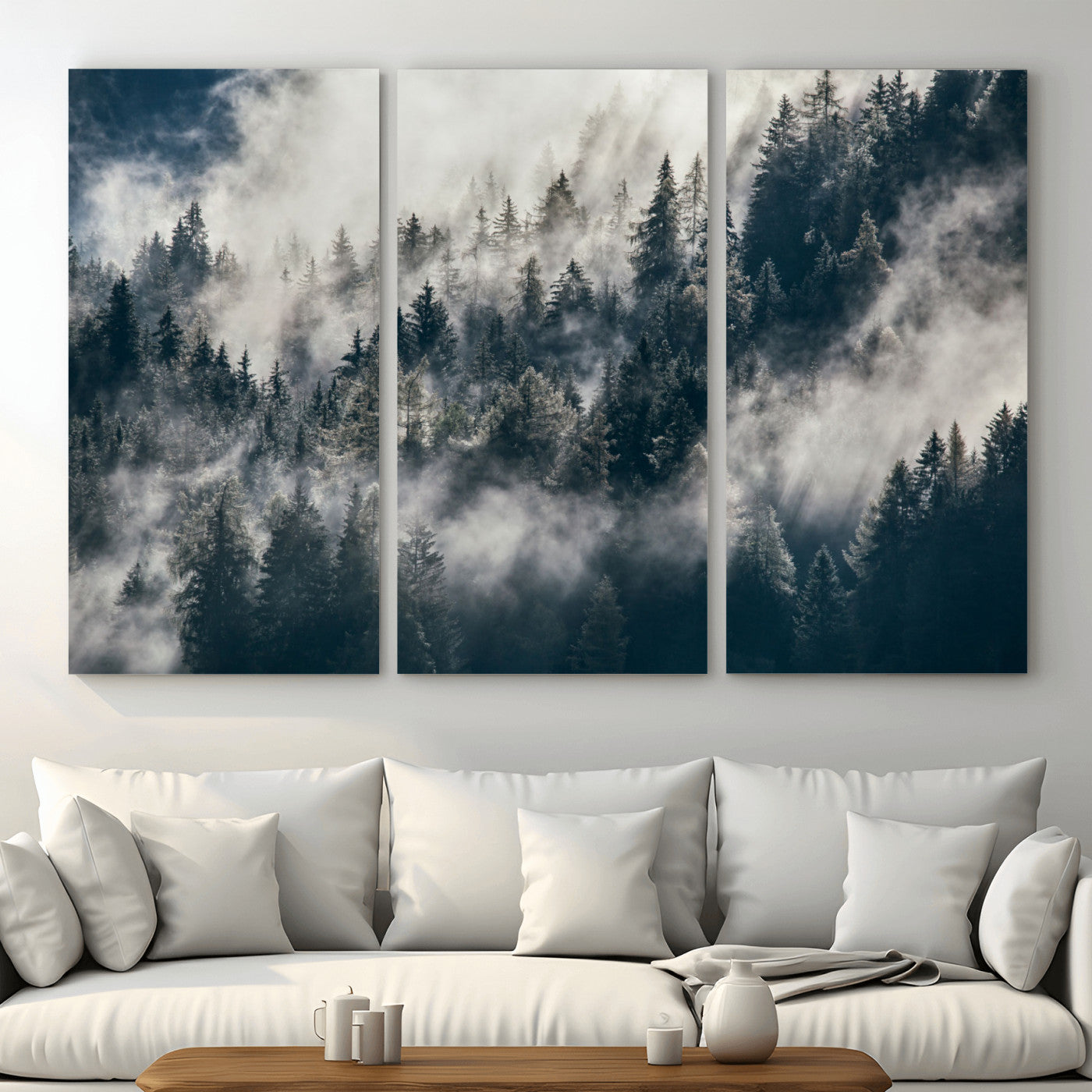270372951-MGV-CV-48X32-3P - Misty Pine Forest Canvas Wall Art – Dark Forest Mountaing and Nature Landscape Print, Horizontal Canvas Print