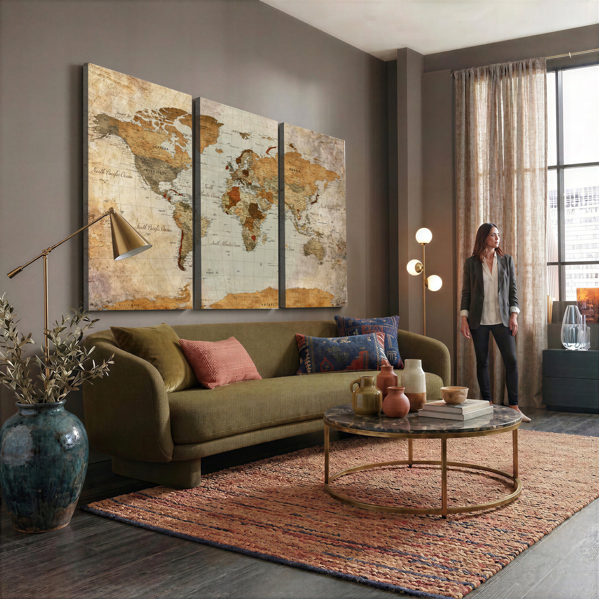 74176056-MGV-CV-36X24 - World Map Wall Art Canvas Print, Modern Decorative Framed Map Artwork Prints for Living Room, Office, Bedroom Wall Decor