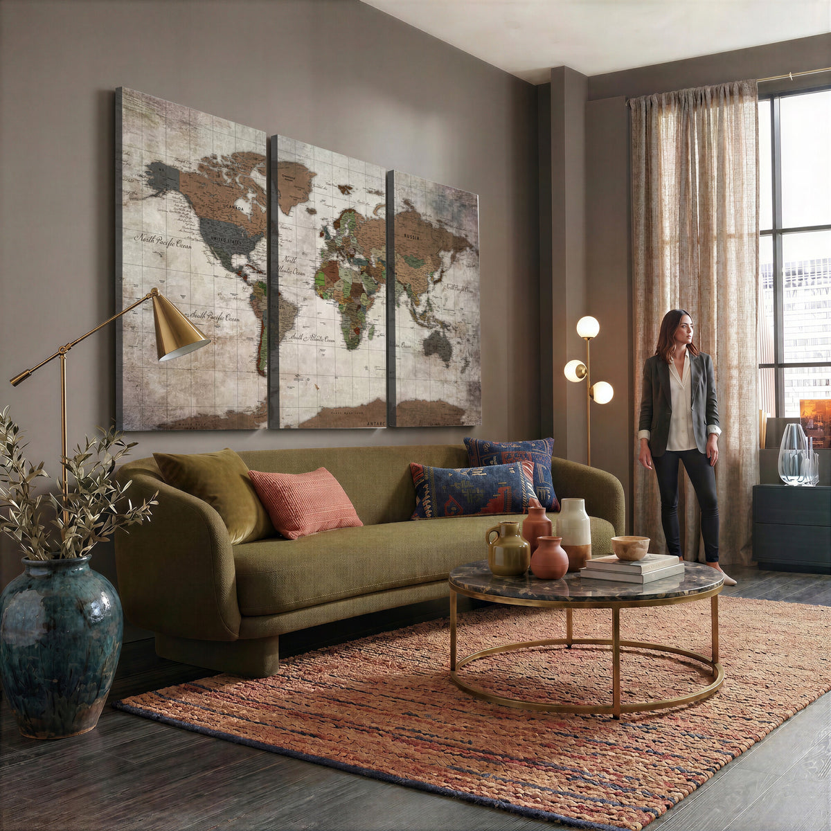 65393892-MGV-CV-36X24 - World Map Wall Art Canvas Print, Modern Decorative Framed Map Artwork Prints for Living Room, Office, Bedroom Wall Decor