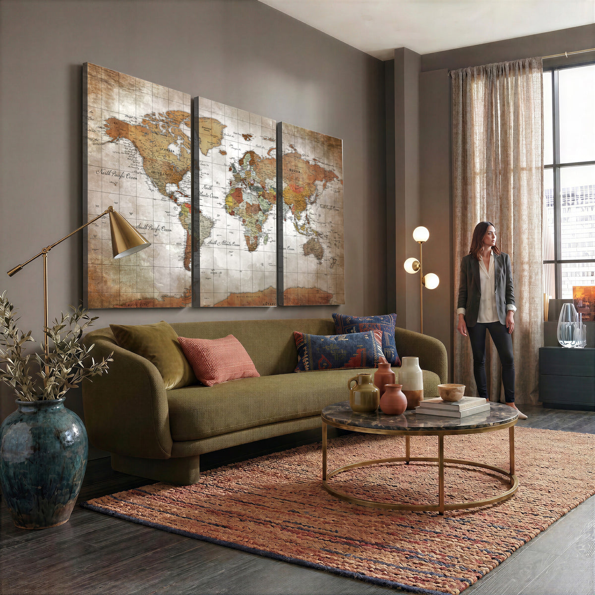 51643807-MGV-CV-36X24 - World Map Wall Art Canvas Print, Modern Decorative Framed Map Artwork Prints for Living Room, Office, Bedroom Wall Decor