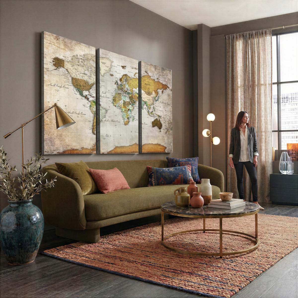 86108417-MGV-CV-36X24 - World Map Wall Art Canvas Print, Modern Decorative Framed Map Artwork Prints for Living Room, Office, Bedroom Wall Decor