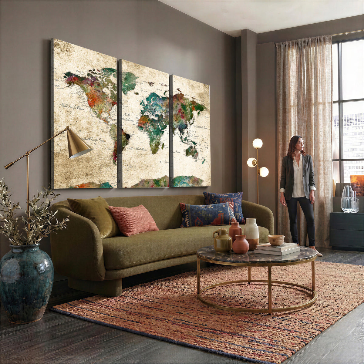 87544591-MGV-CV-36X24 - World Map Wall Art Canvas Print, Modern Decorative Framed Map Artwork Prints for Living Room, Office, Bedroom Wall Decor