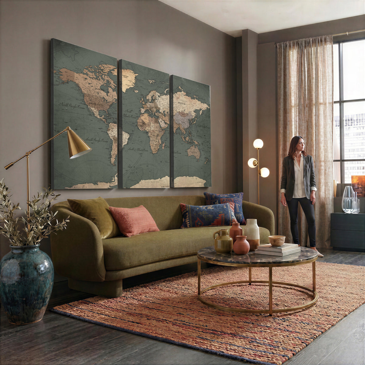 84619399-MGV-CV-36X24 - World Map Wall Art Canvas Print, Modern Decorative Framed Map Artwork Prints for Living Room, Office, Bedroom Wall Decor