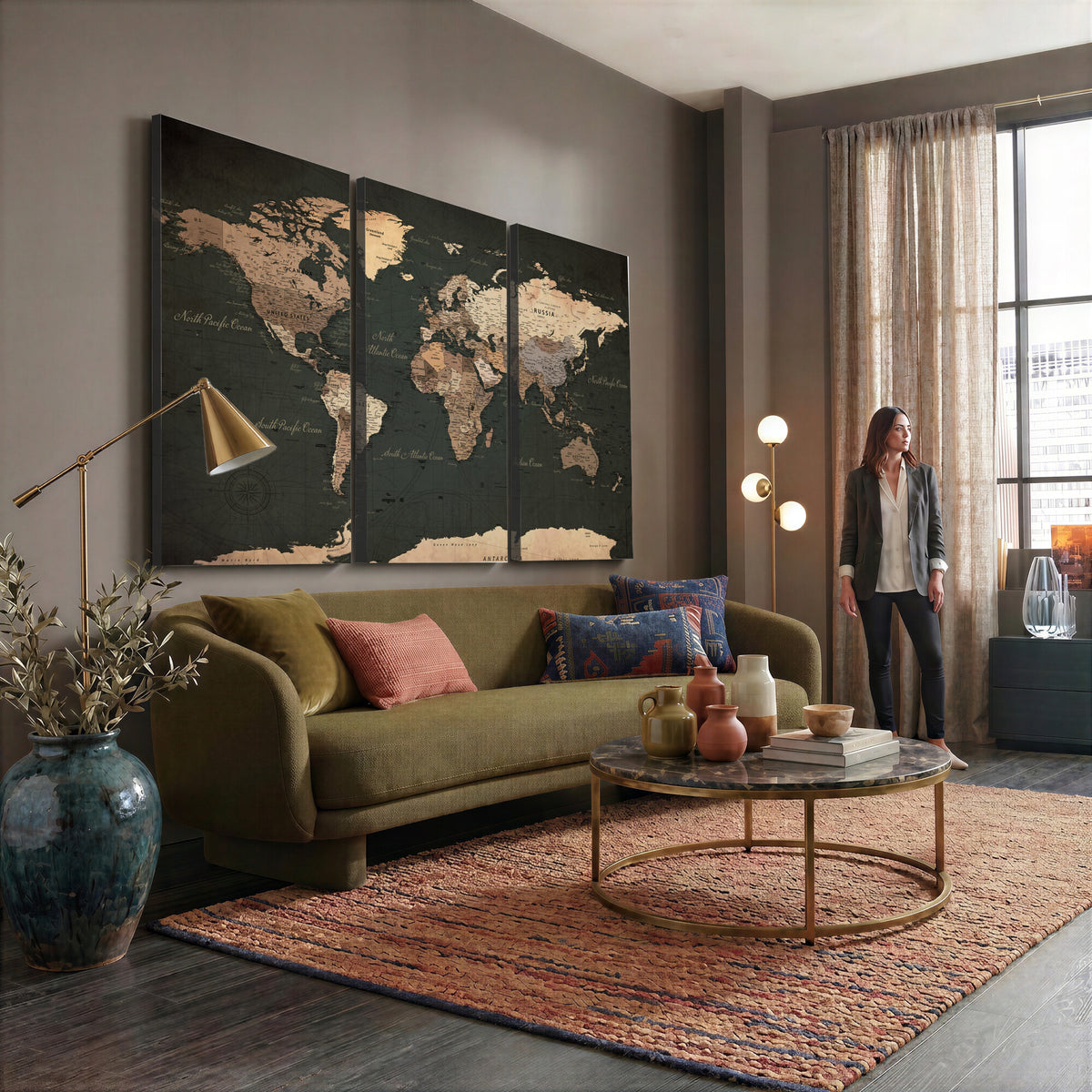 62059333-MGV-CV-36X24 - World Map Wall Art Canvas Print, Modern Decorative Framed Map Artwork Prints for Living Room, Office, Bedroom Wall Decor