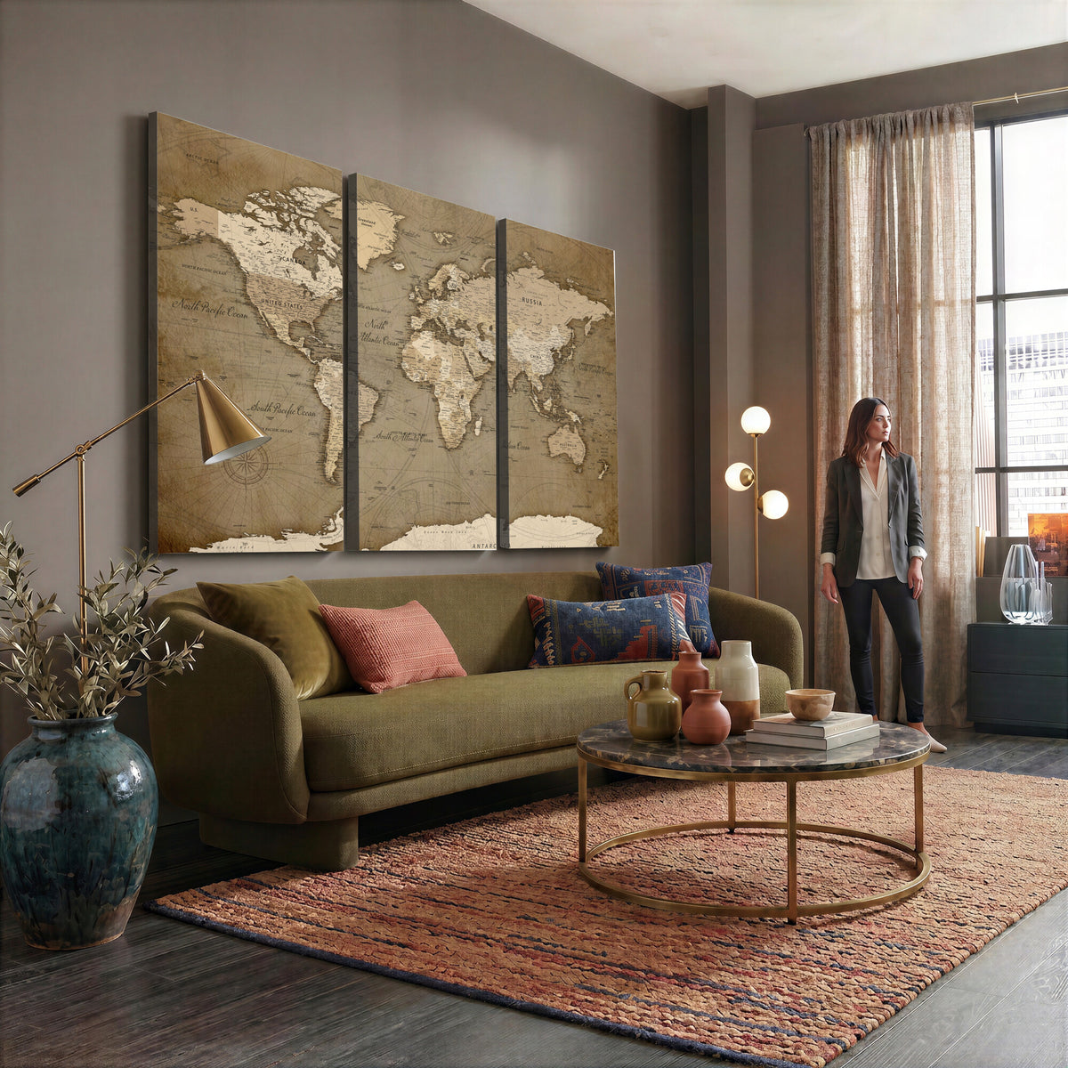 82314635-MGV-CV-36X24 - World Map Wall Art Canvas Print, Modern Decorative Framed Map Artwork Prints for Living Room, Office, Bedroom Wall Decor