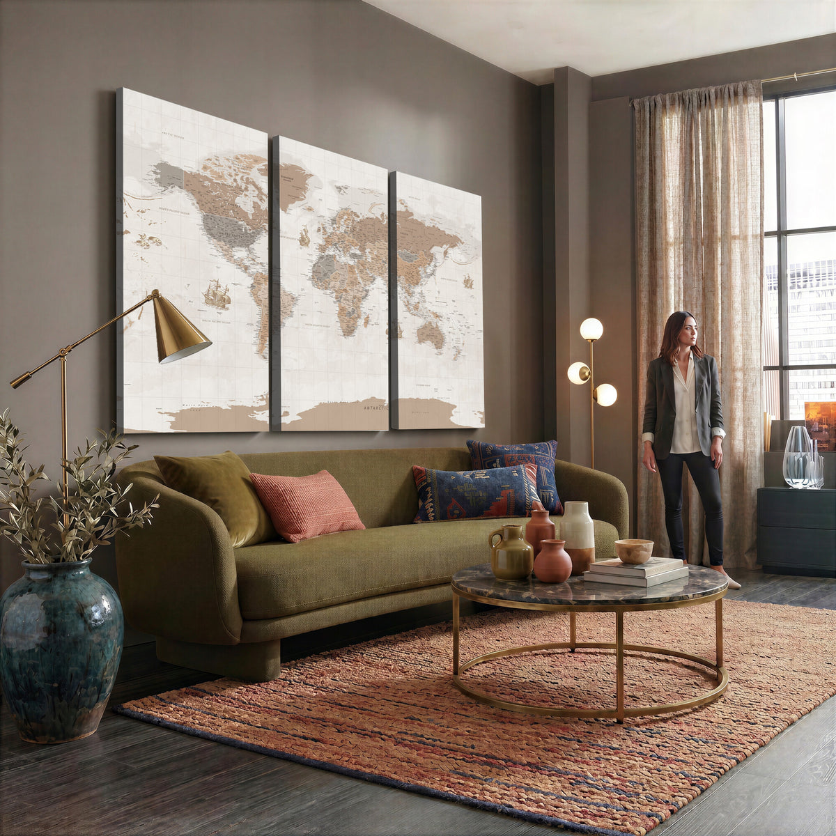 85057279-MGV-CV-36X24 - Framed Large World Map Canvas Print for Office Decor
