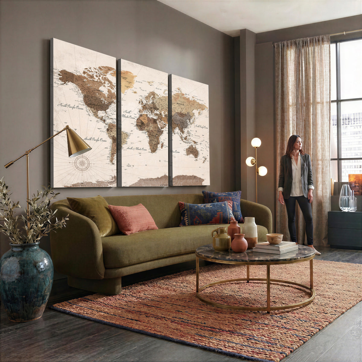 69860078-MGV-CV-36X24 - World Map Wall Art Canvas Print, Modern Decorative Framed Map Artwork Prints for Living Room, Office, Bedroom Wall Decor