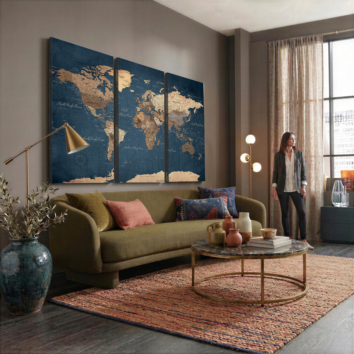 69886352-MGV-CV-36X24 - World Map Wall Art Canvas Print, Modern Decorative Framed Map Artwork Prints for Living Room, Office, Bedroom Wall Decor