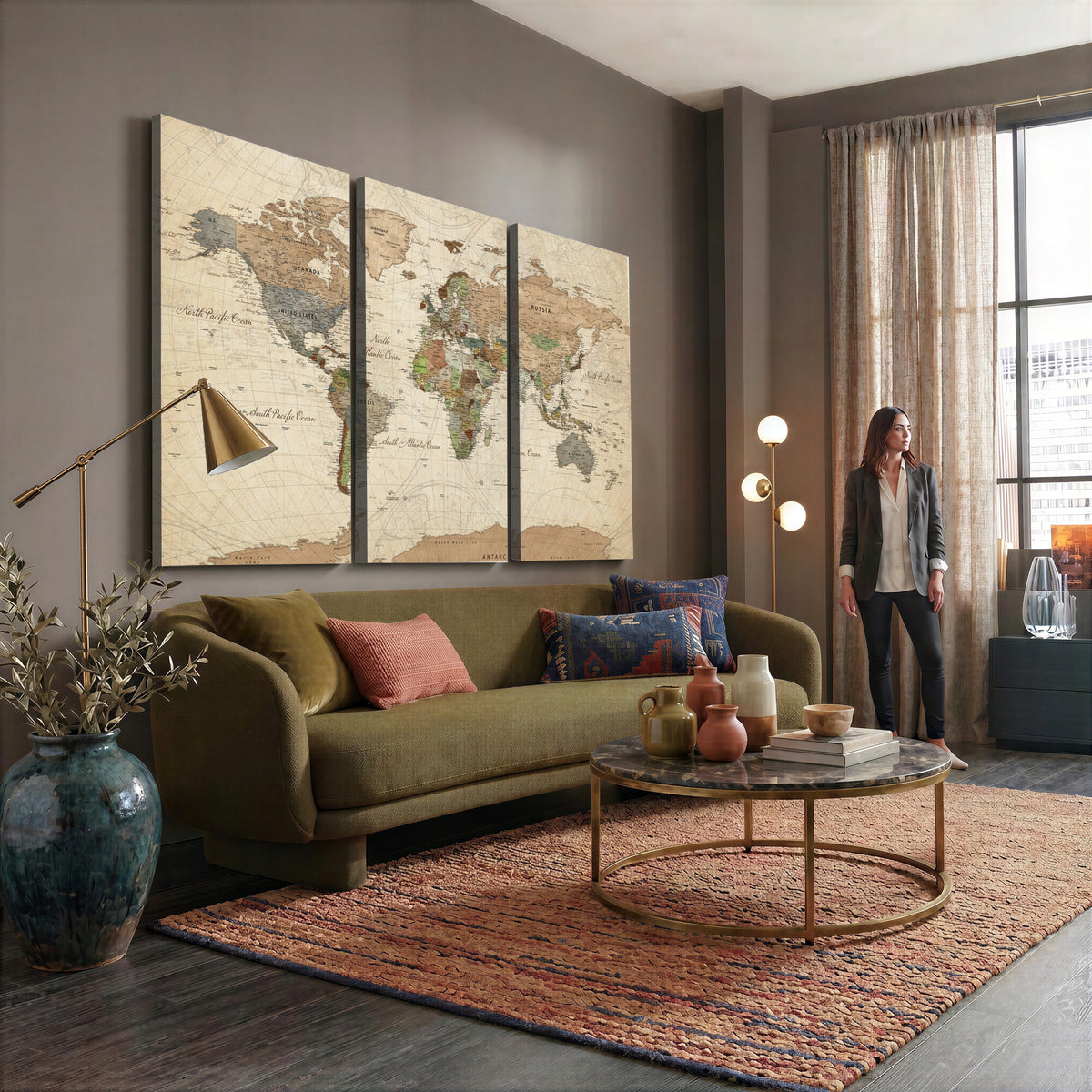 16856902-MGV-CV-36X24 - Vintage World Map Canvas Wall Art - Rustic Grunge Texture