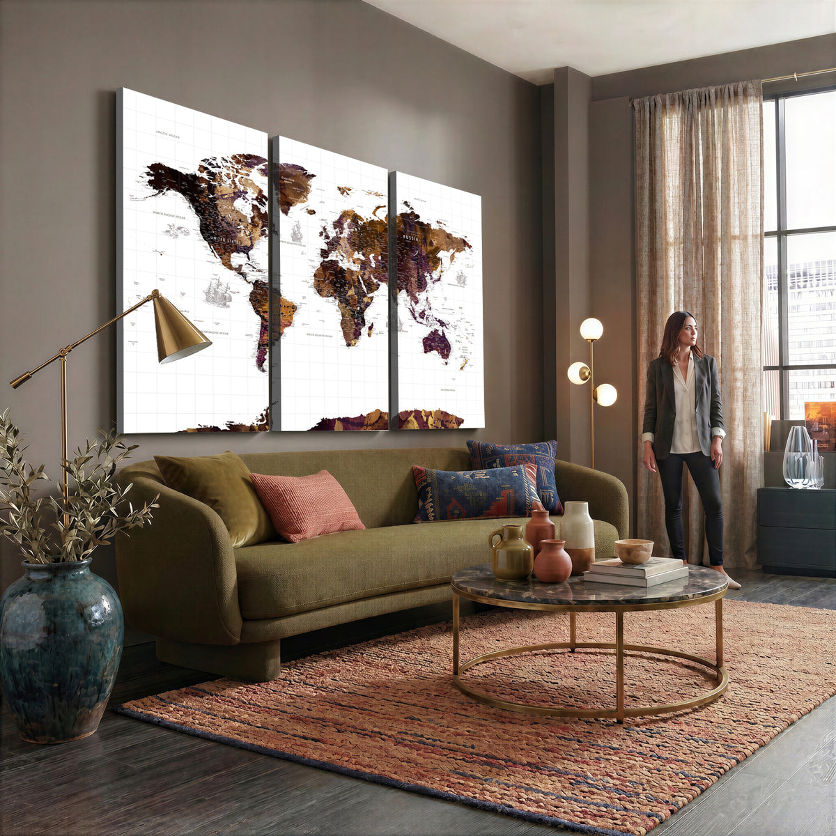 34792695-MGV-CV-36X24 - Rustic World Map Wall Art Canvas Print | Large Vintage Blue World Map on Wood Grain Style Background