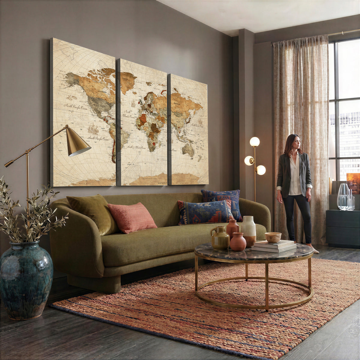 29684537-MGV-CV-36X24 - Vintage World Map Canvas Print, Framed Rustic Detailed Map of the World, Explorer Decor