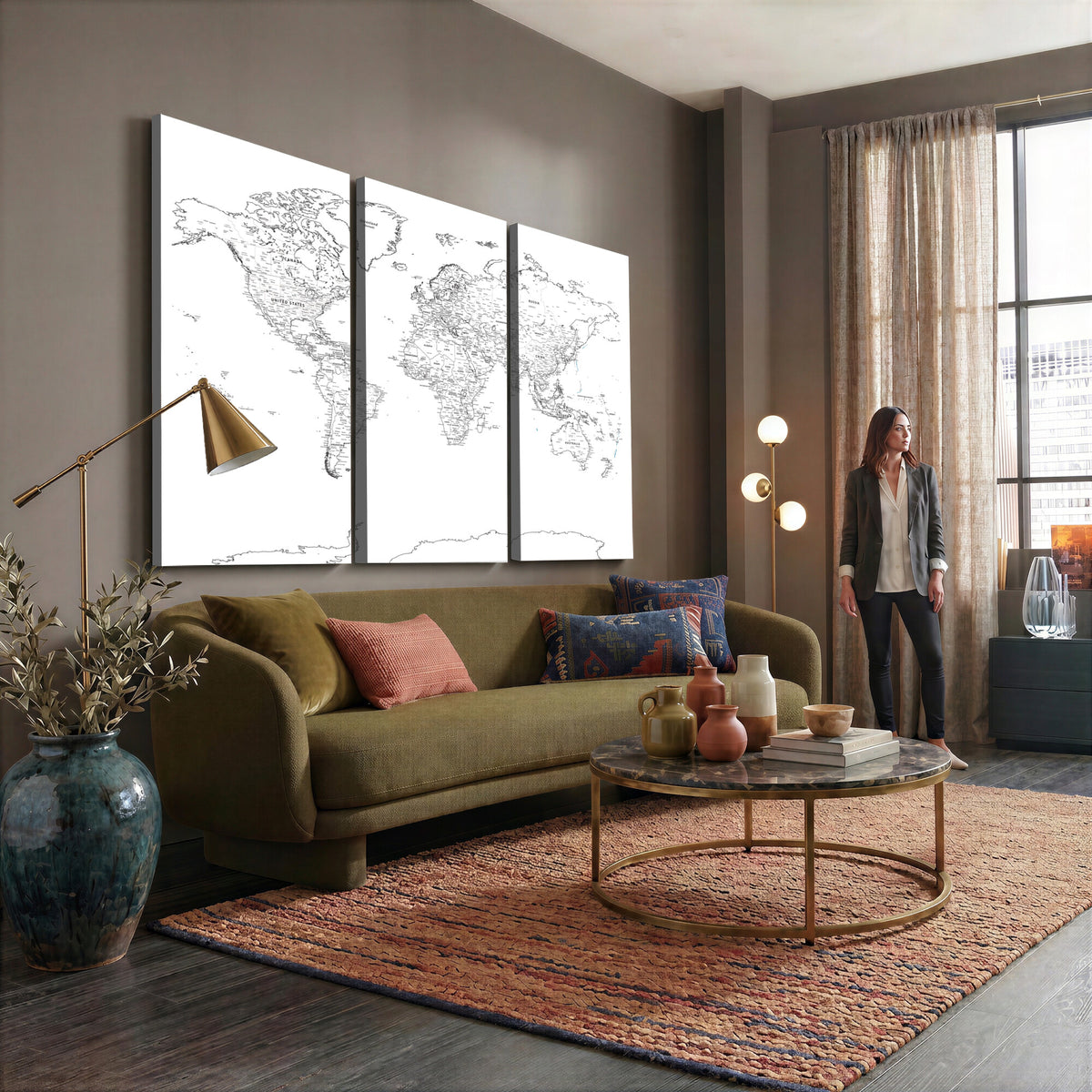 21002736-MGV-CV-36X24 - World Map Canvas Print, Framed Modern Detailed Map of the World for Home or Office