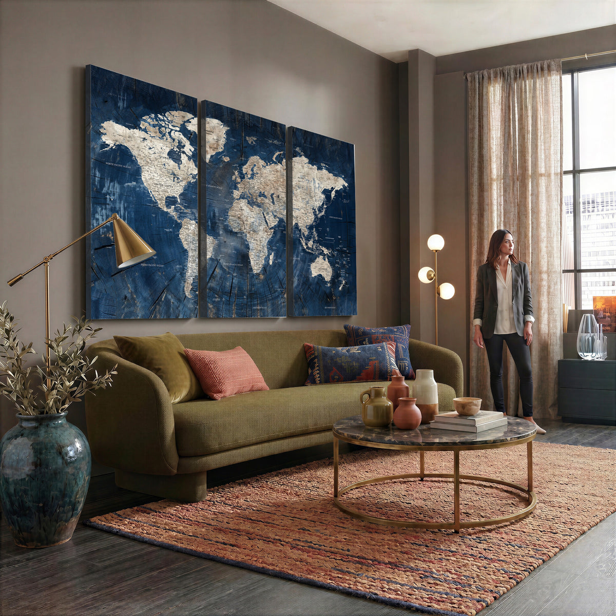 56126010-MGV-CV-36X24 - Large Blue World Map Wall Art Canvas Print for Home Office