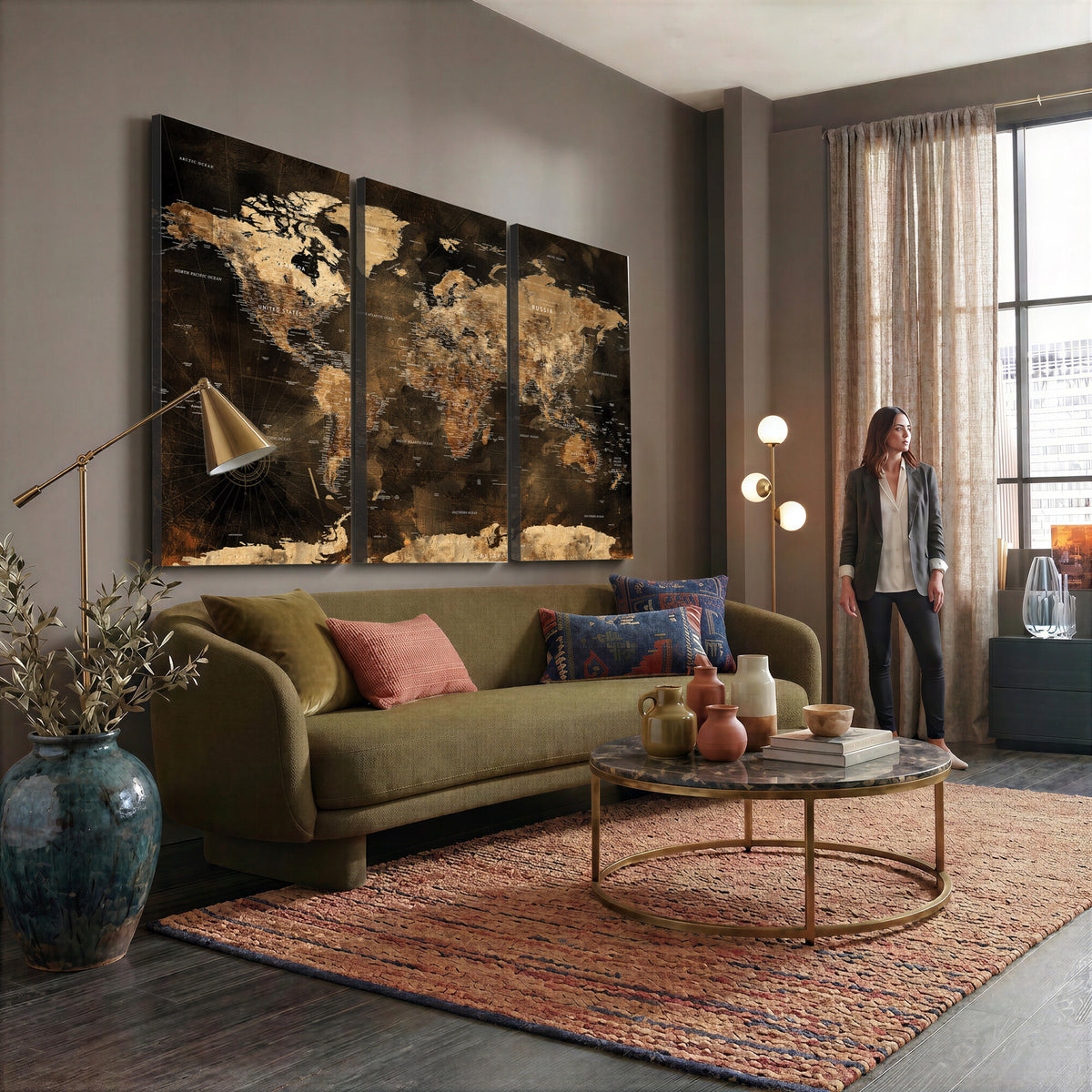97742922-MGV-CV-36X24 - World Map Canvas Print, Modern Decorative Framed Map Artwork