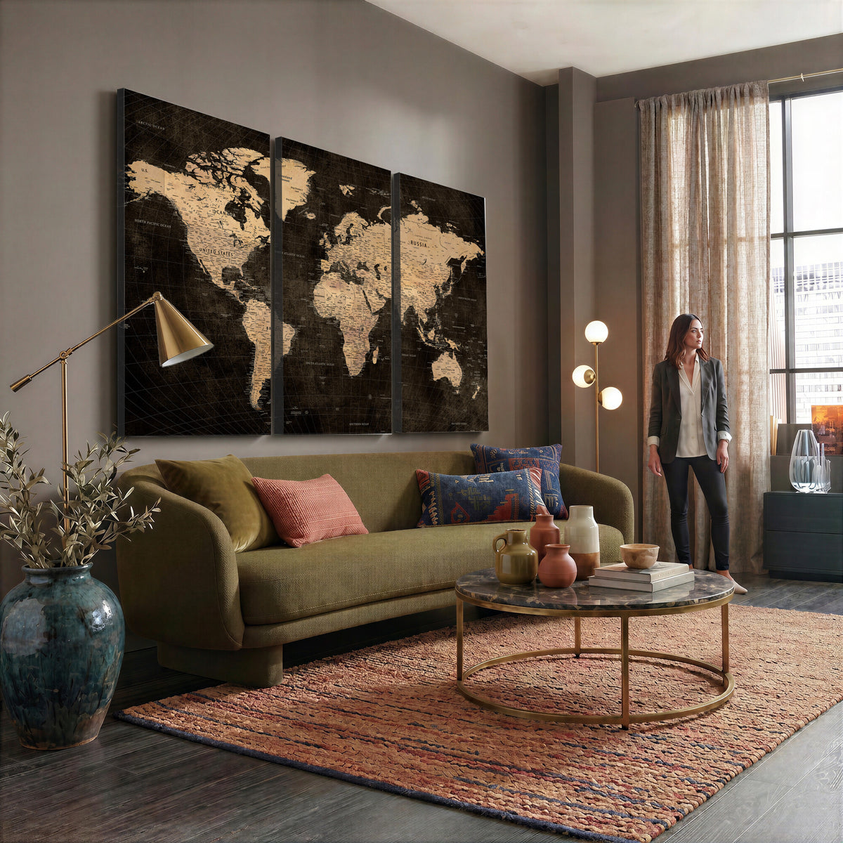 15118265-MGV-CV-36X24 - Brown World Map Canvas Print | Modern Travel Map Wall Art