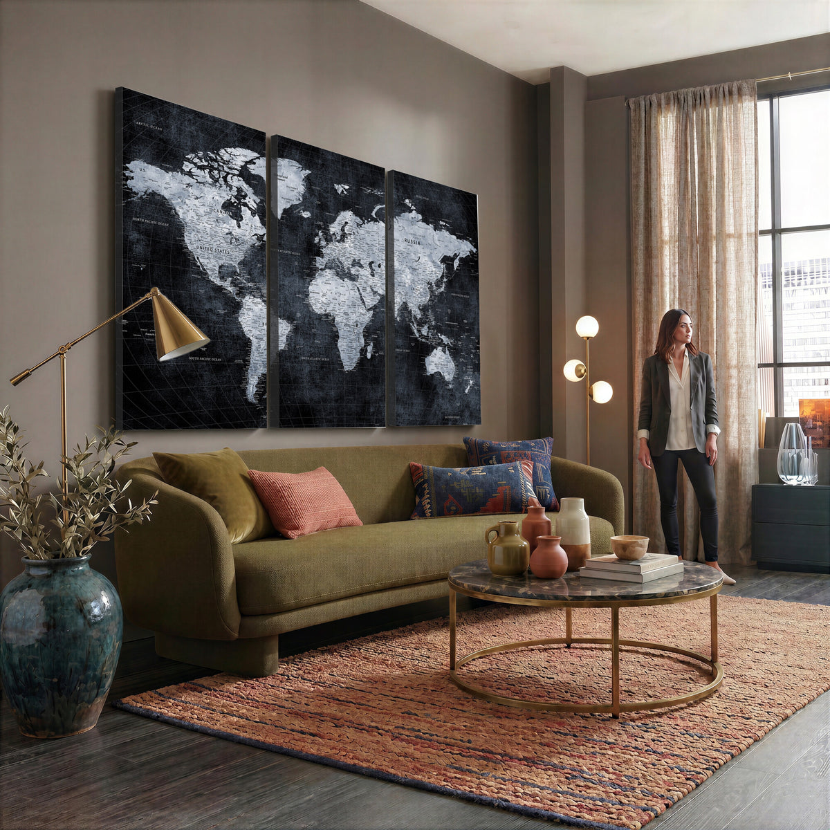 86893704-MGV-CV-36X24 - Black World Map Canvas Print | Detailed Map for Couples and Anniversary Gift
