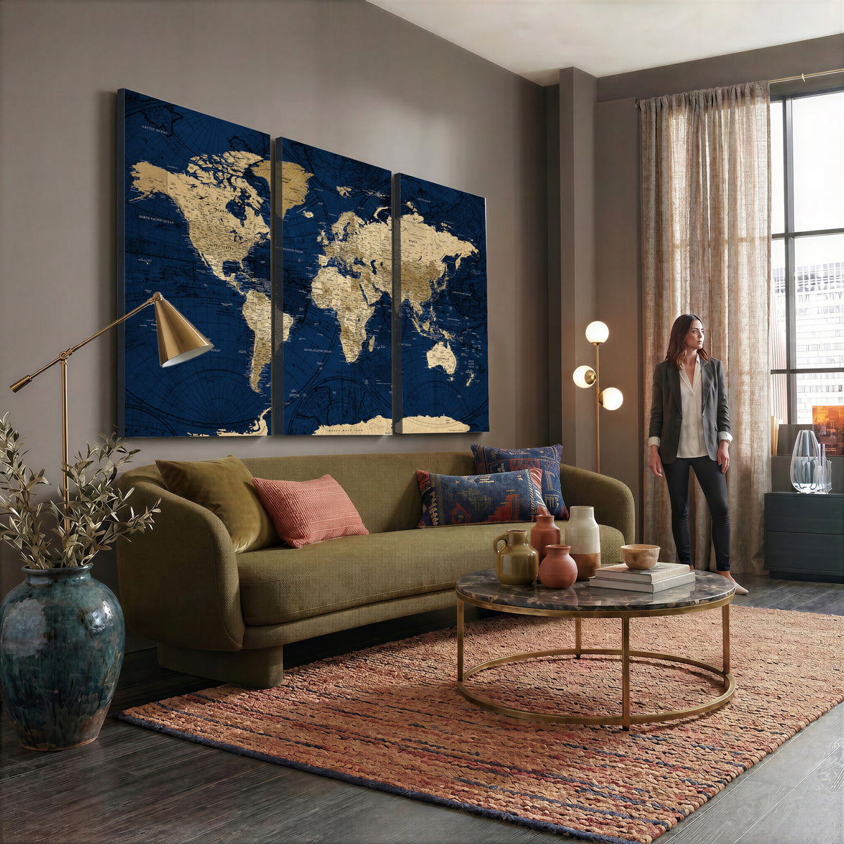 54770746-MGV-CV-36X24 - Navy Blue World Map Canvas Print – Detailed Map Minimal Navy