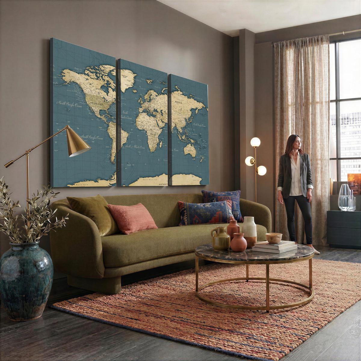99599383-MGV-CV-36X24 - Minimal Vintage World Map Canvas Wall Art Print, Neutral