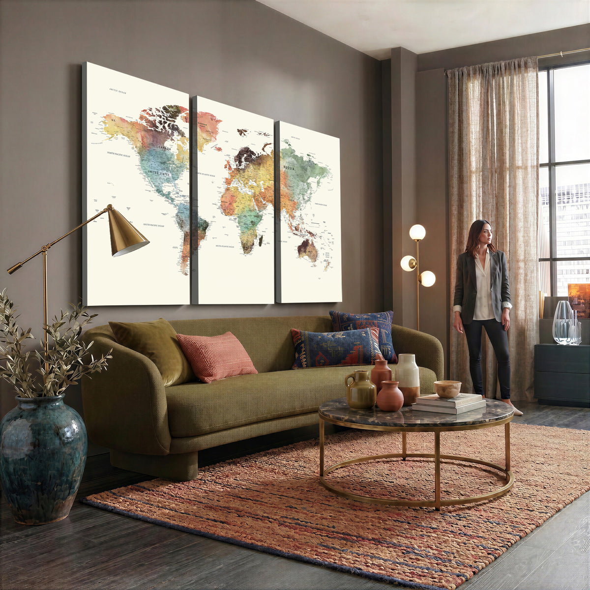 64206059-MGV-CV-36X24 - Framed World Map Wall Art Canvas Print for Living Room and Study Room