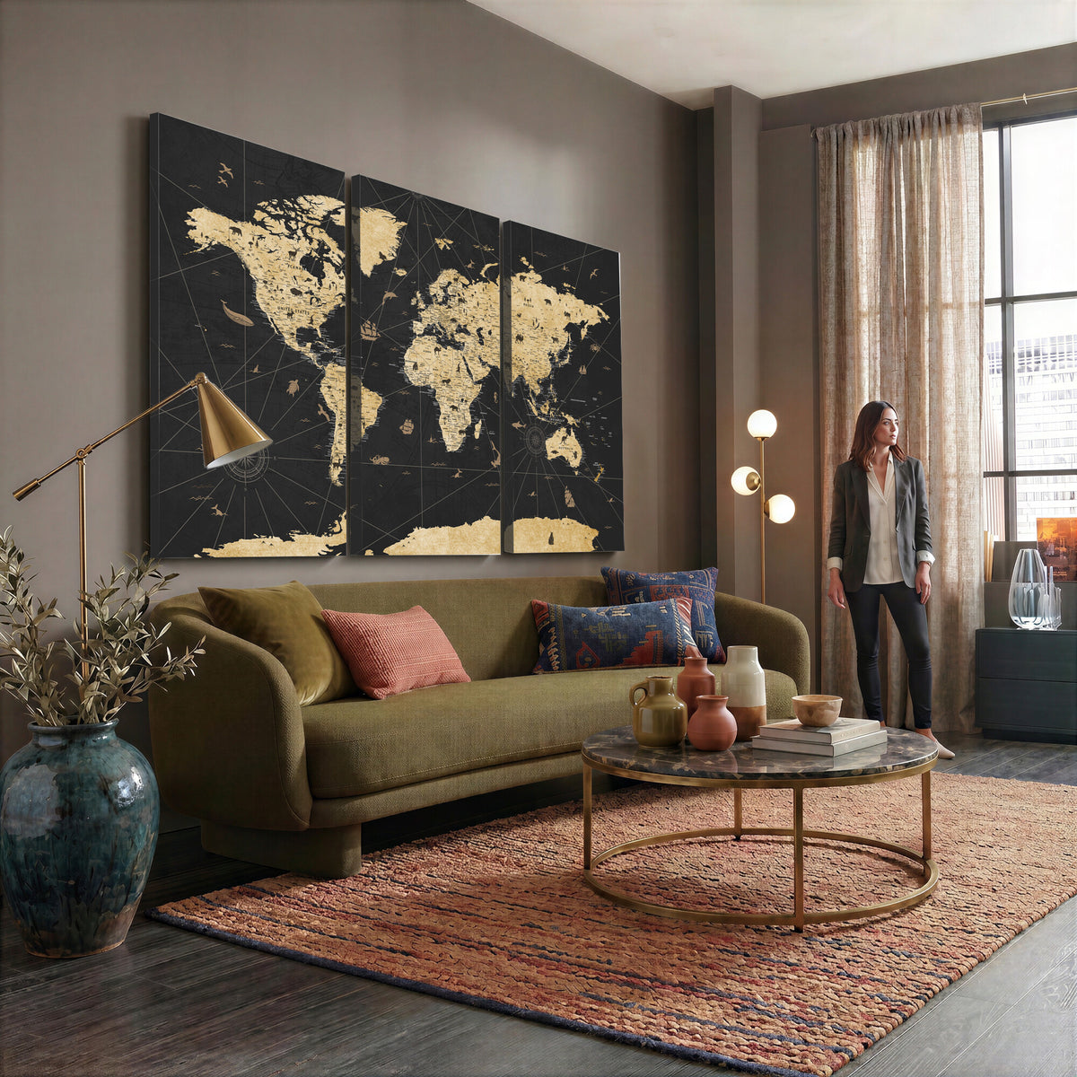 80270976-MGV-CV-36X24 - World Map Wall Art Canvas Print, Modern Decorative Framed Map Artwork Prints for Living Room, Office, Bedroom Wall Decor