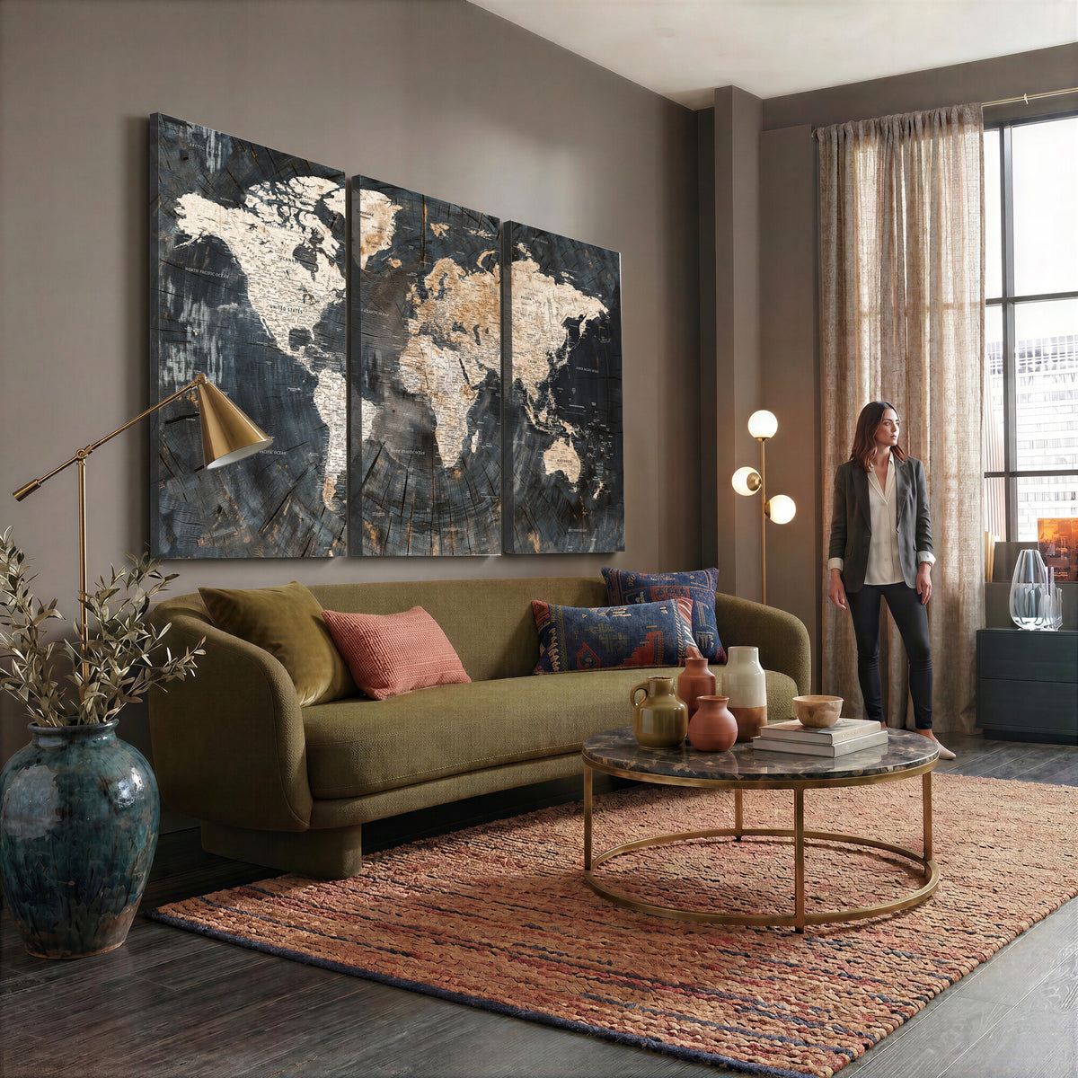 89162112-MGV-CV-36X24 - World Map Wall Art Canvas Print, Modern Decorative Framed Map Artwork Prints for Living Room, Office, Bedroom Wall Decor
