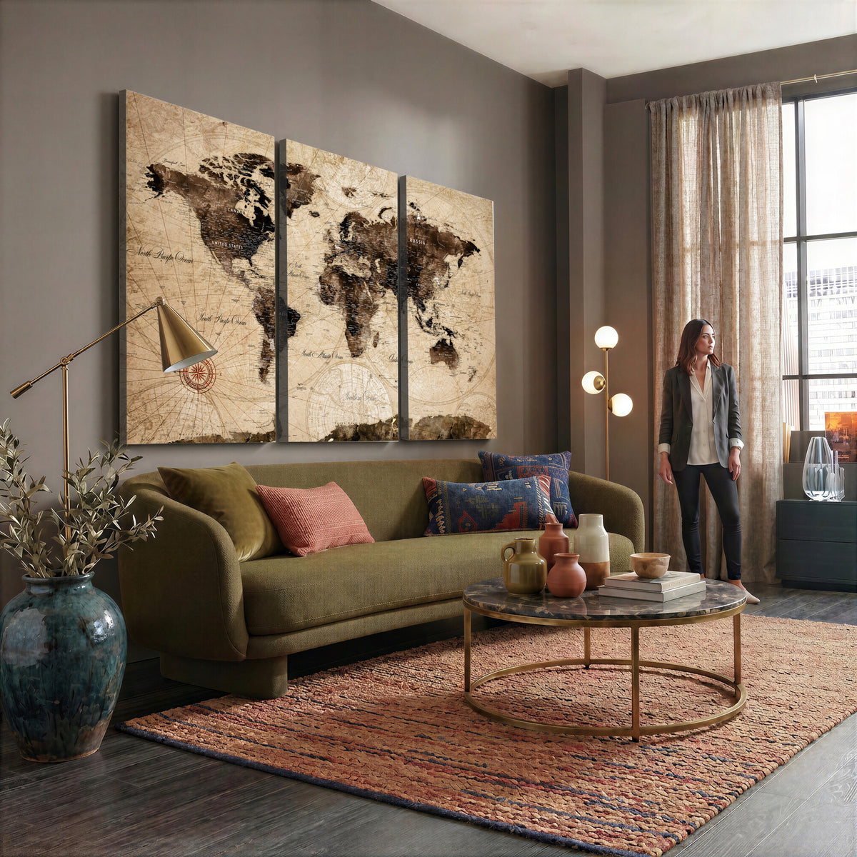 47657418-MGV-CV-36X24 - World Map Wall Art Canvas Print, Modern Decorative Framed Map Artwork Prints for Living Room, Office, Bedroom Wall Decor