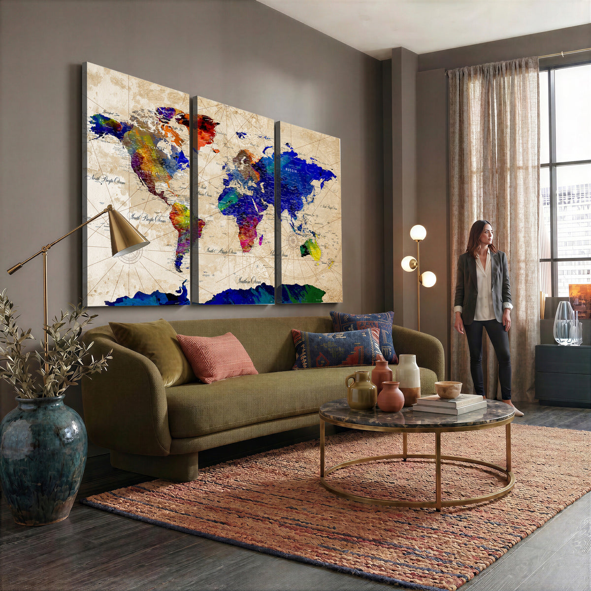 26284075-MGV-CV-36X24 - World Map Wall Art Canvas Print, Modern Decorative Framed Map Artwork Prints for Living Room, Office, Bedroom Wall Decor