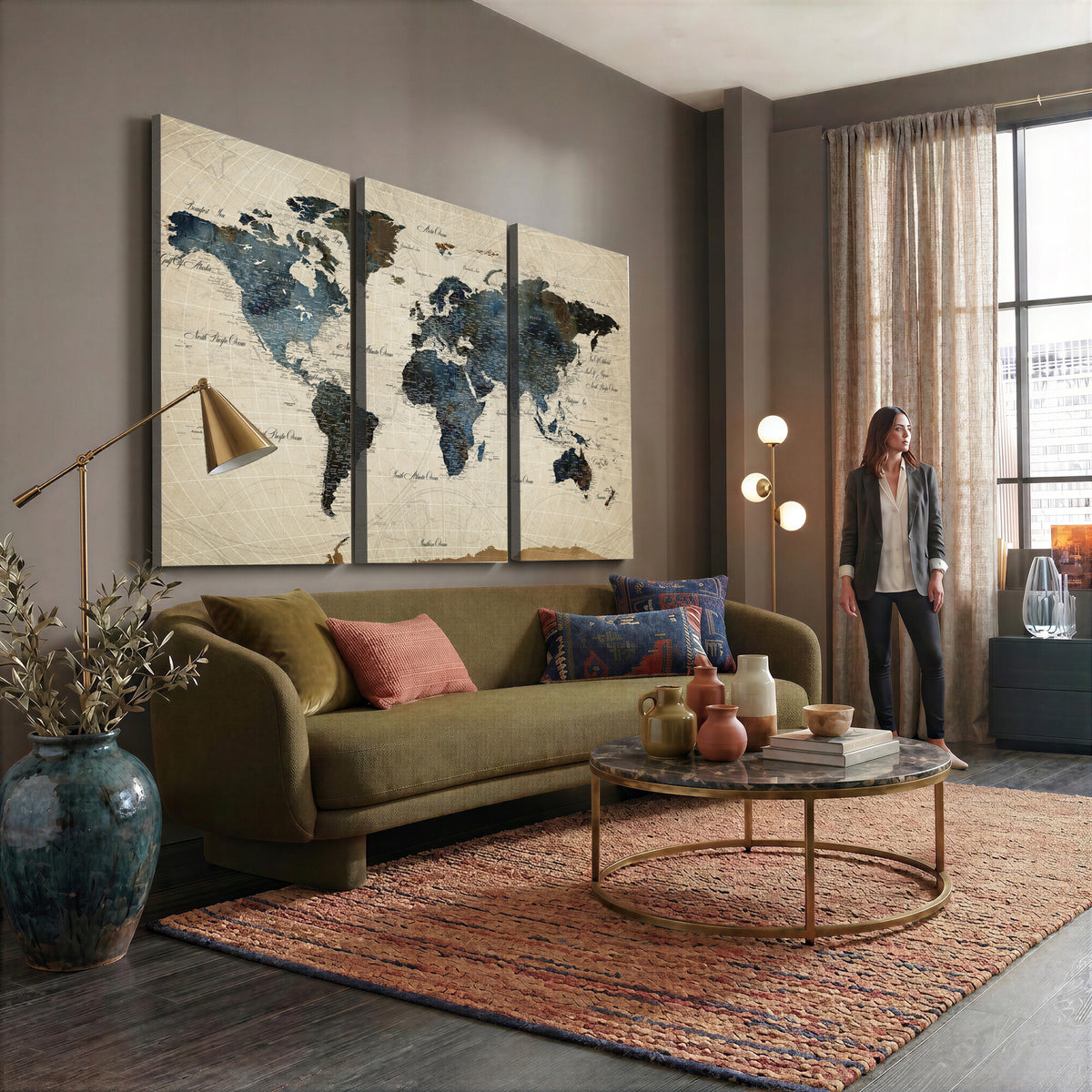 72927803-MGV-CV-36X24 - World Map Wall Art Canvas Print, Modern Decorative Framed Map Artwork Prints for Living Room, Office, Bedroom Wall Decor
