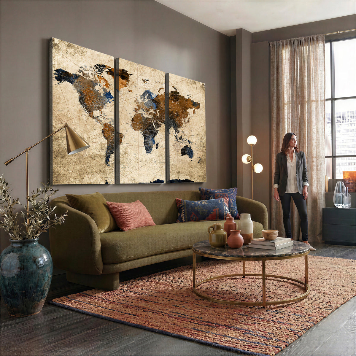 27163414-MGV-CV-36X24 - World Map Wall Art – Rustic Earth Tone Canvas Print, Antique