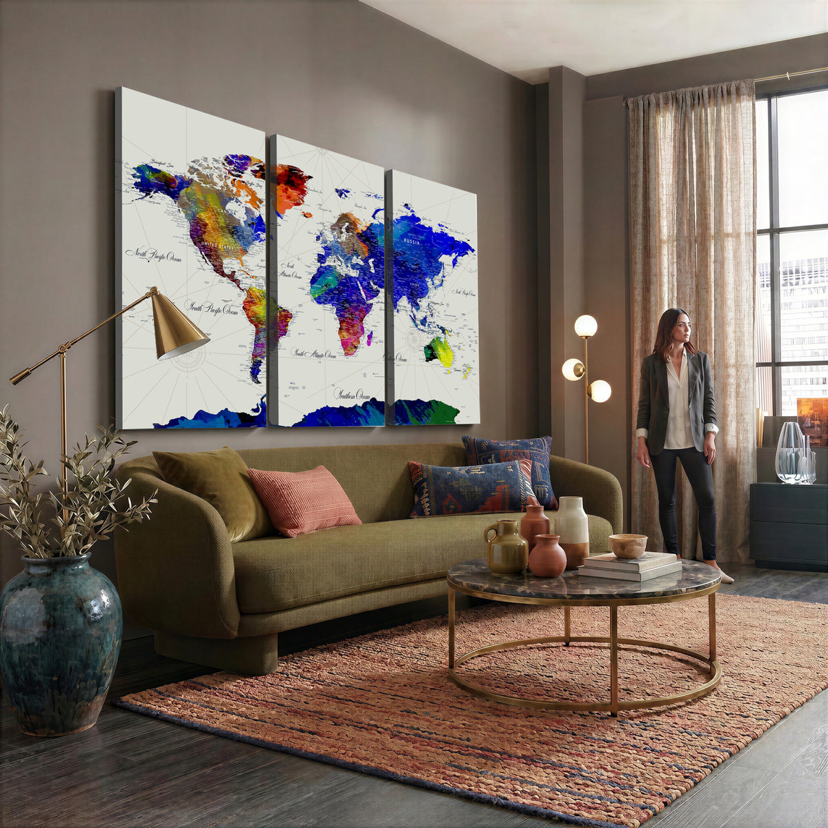 49670038-MGV-CV-36X24 - World Map Wall Art Canvas Print, Modern Decorative Framed Map Artwork Prints for Living Room, Office, Bedroom Wall Decor