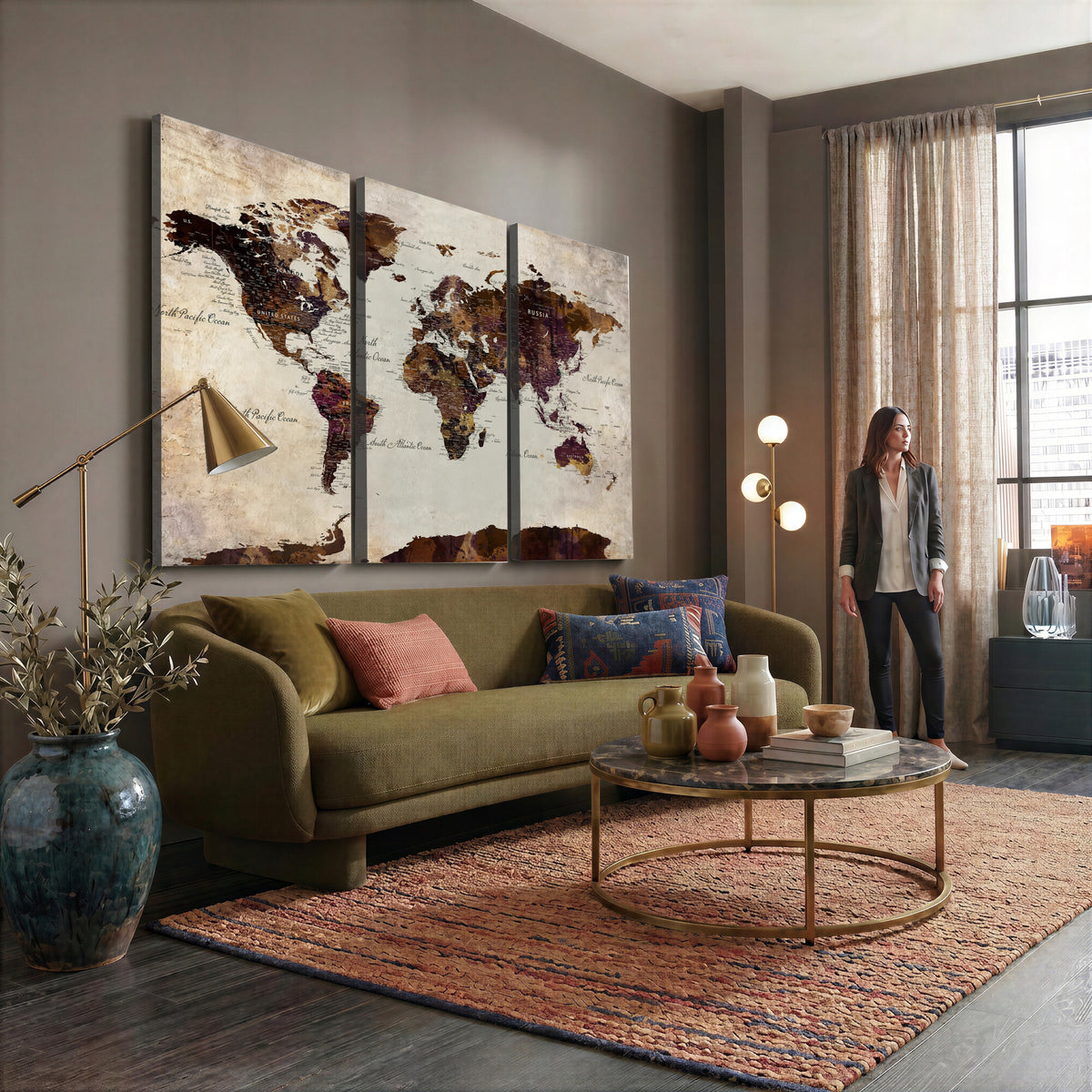50611123-MGV-CV-36X24 - World Map Canvas Triptych | Colorful Global Wall Art for Living Rooms