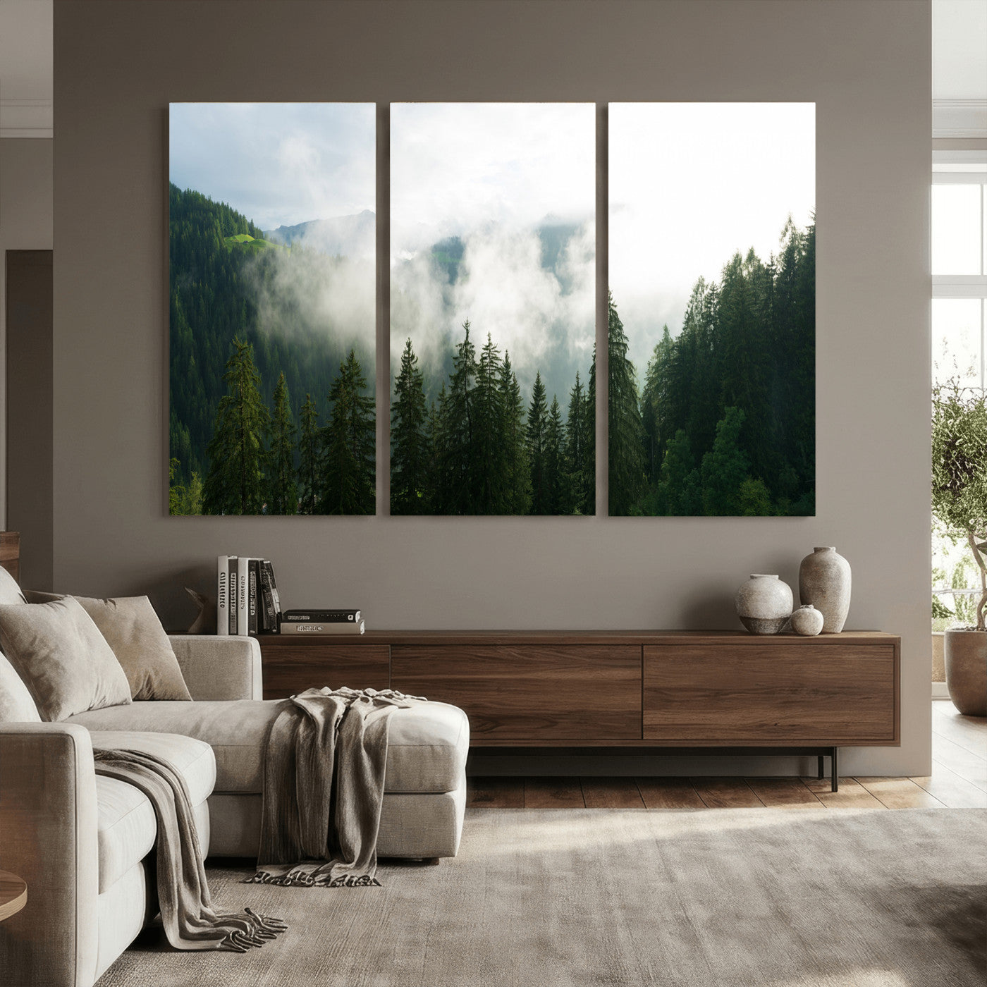 67174129-MGV-CV-36X24 - Misty Mountain Forest Canvas Print, Foggy Pine Trees Nature Wall Art, Framed Canvas Ready to Hang