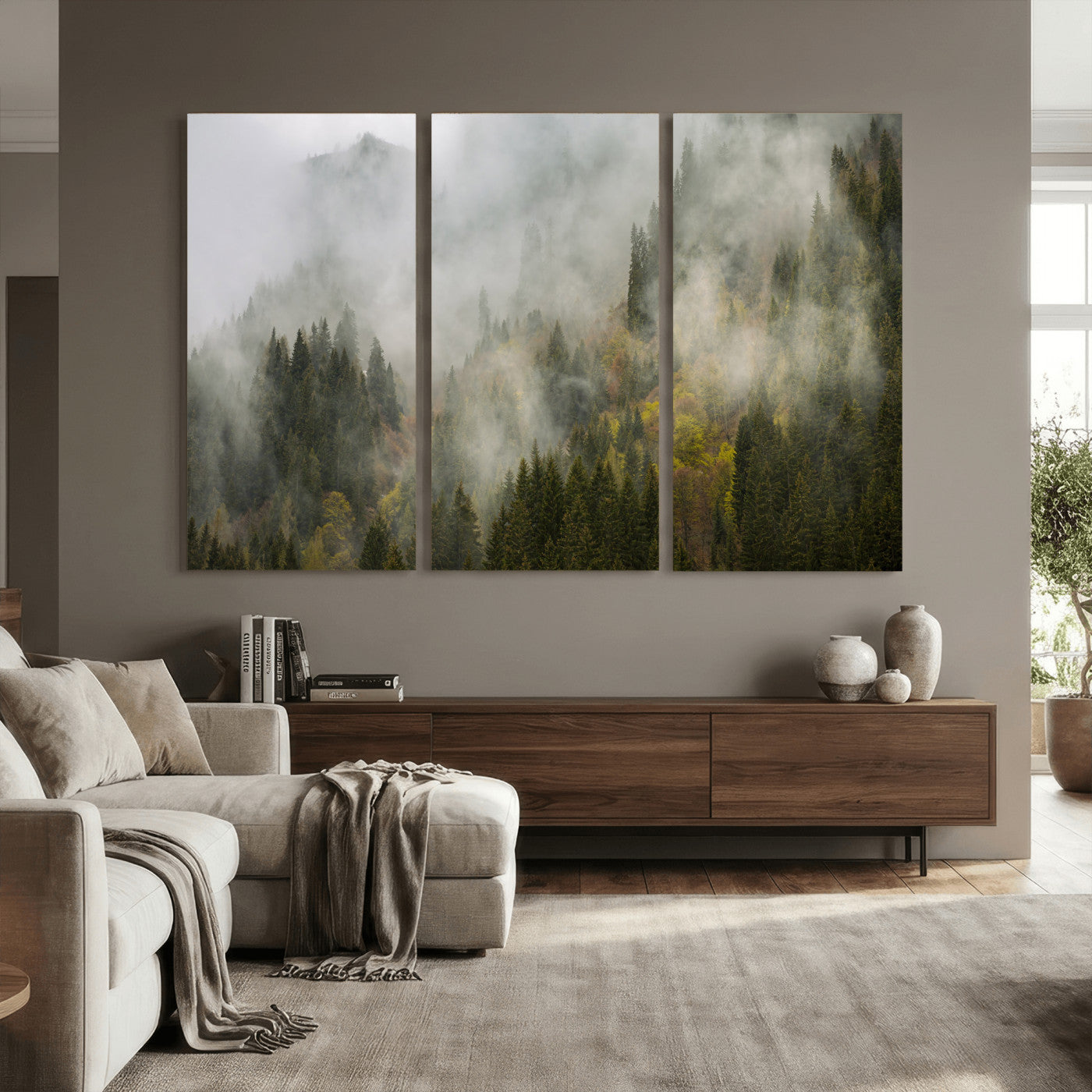 31152954-MGV-CV-36X24 - Misty Mountain Forest Canvas Print, Foggy Pine Trees Nature Wall Art, Framed Canvas Ready to Hang