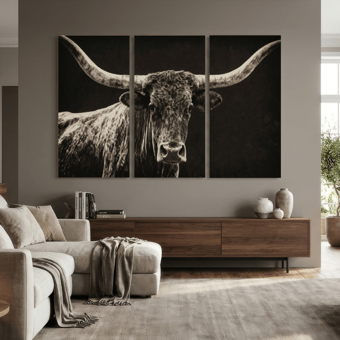 74513721-MGV-CV-36X24 - Vintage Texas Longhorn Bull Wall Art Canvas Print, Cow Portrait Photography Print, Framed Wall Art Ready to Hang