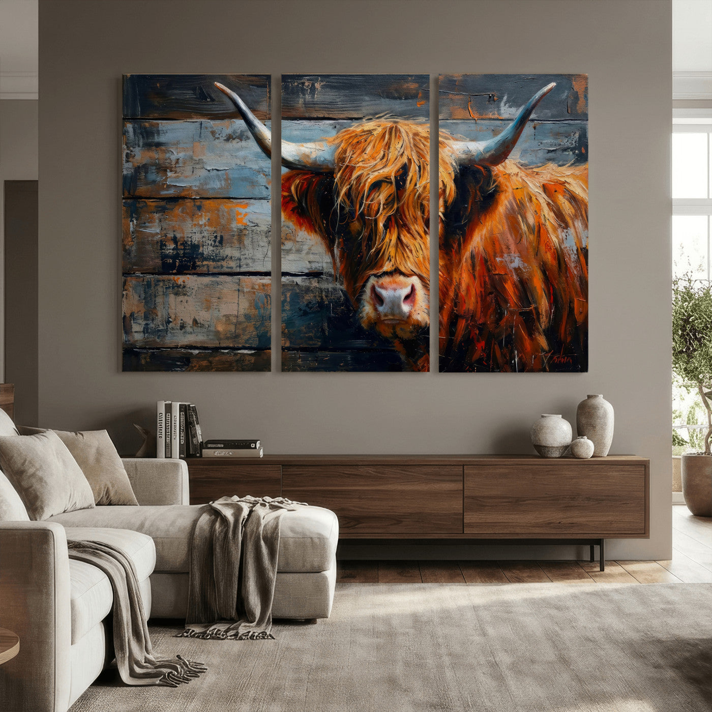 90271423-MGV-CV-36X24 - Highland Cow Wall Art Canvas Print, Abstract Rustic Farm Animal Wall Art Print, Framed Wall Art Ready to Hang