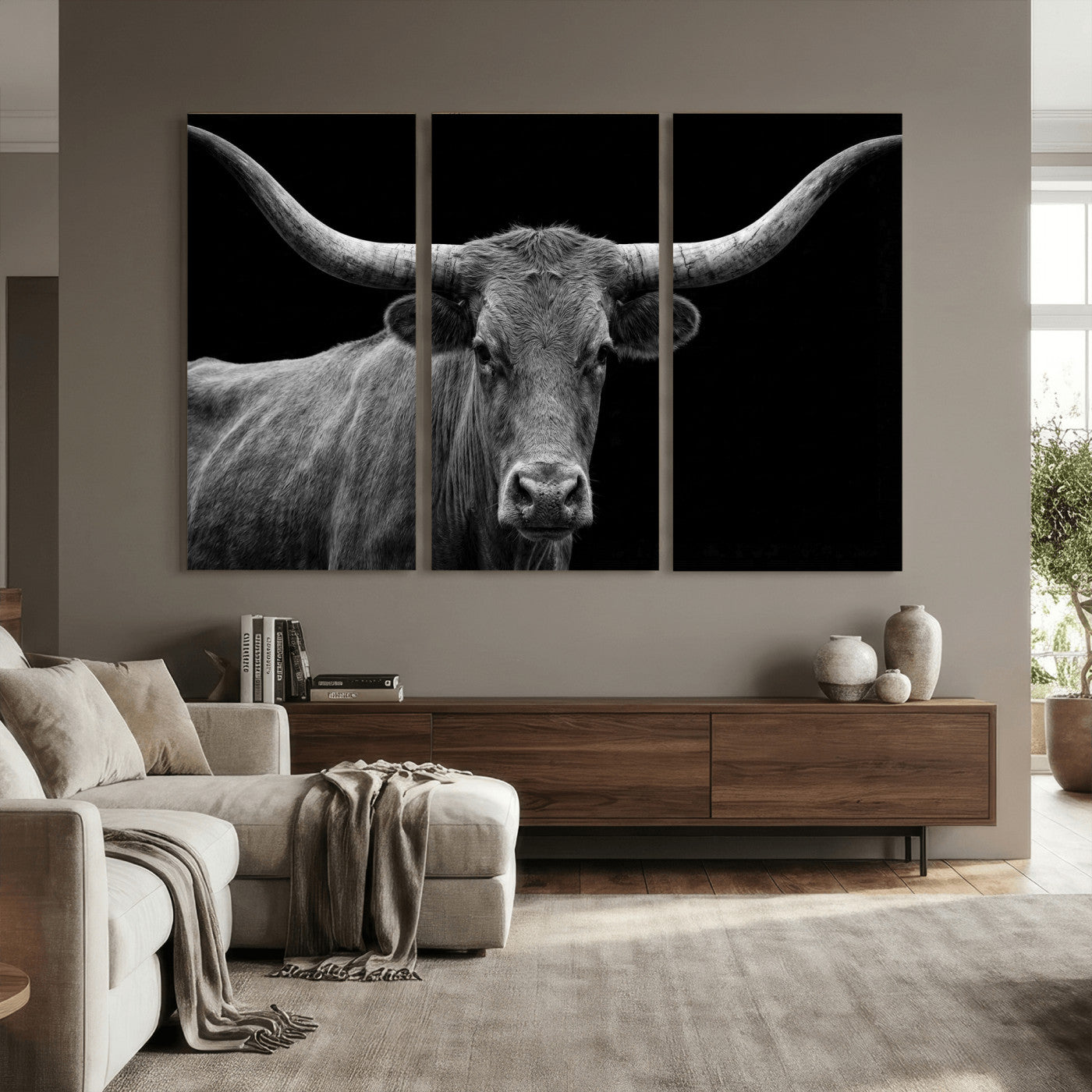32601430-MGV-CV-36X24 - Texas Longhorn Bull Wall Art Canvas Print, Cow Portrait Photography, Framed Wall Art Ready to Hang