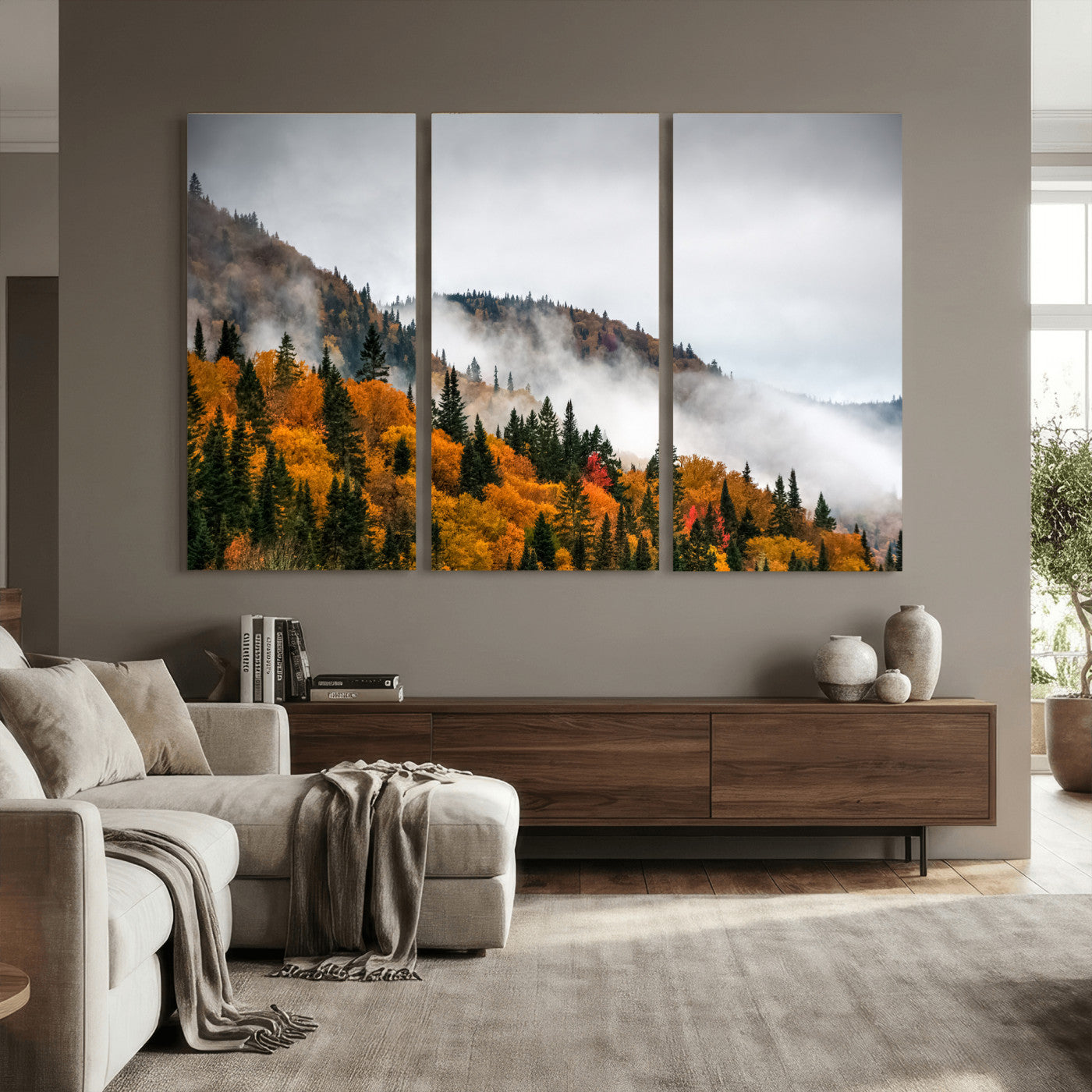 93581632-MGV-CV-36X24 - Autumn Forest Wall Art Canvas Print, Foggy Mountain Landscape Nature Photography, Framed Wall Art Ready to Hang