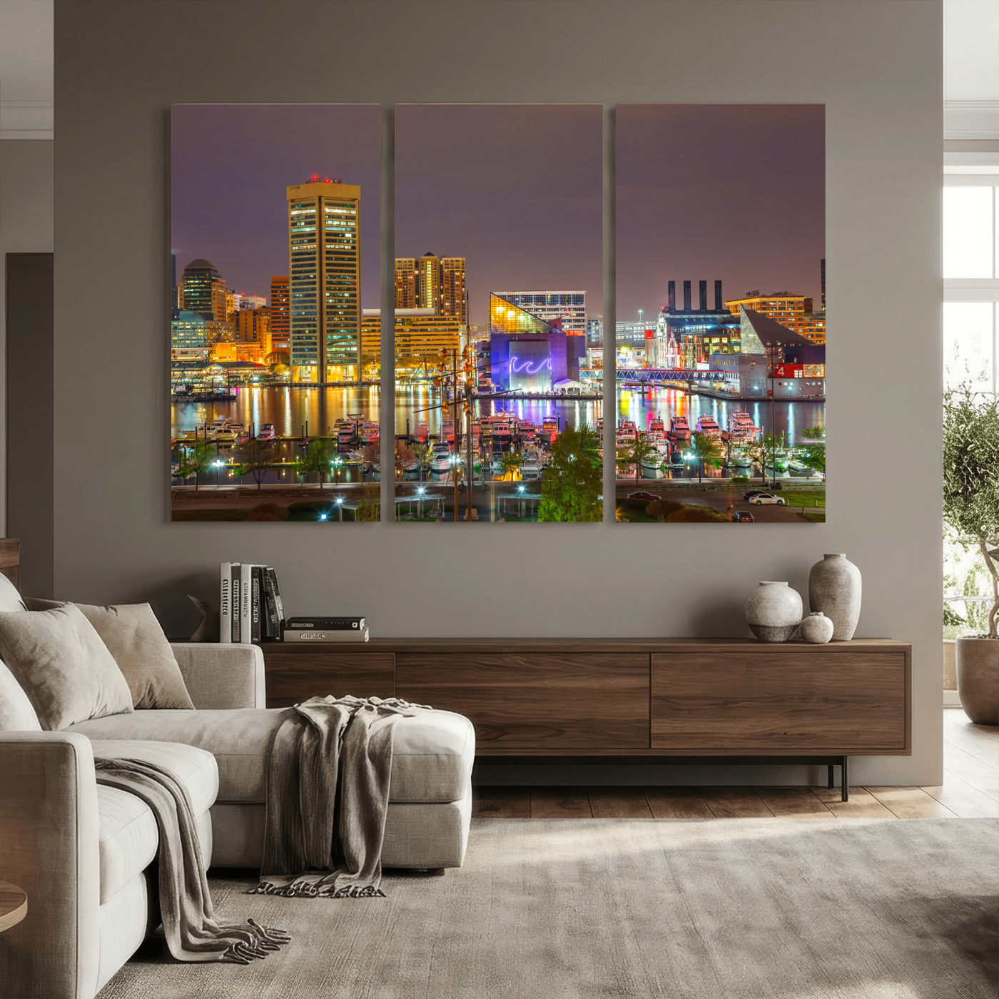 42654823-MGV-CV-36X24 - Baltimore Skyline Wall Art Canvas Print, Baltimore Downtown Night Cityscape Print for Modern Urban Wall Decor