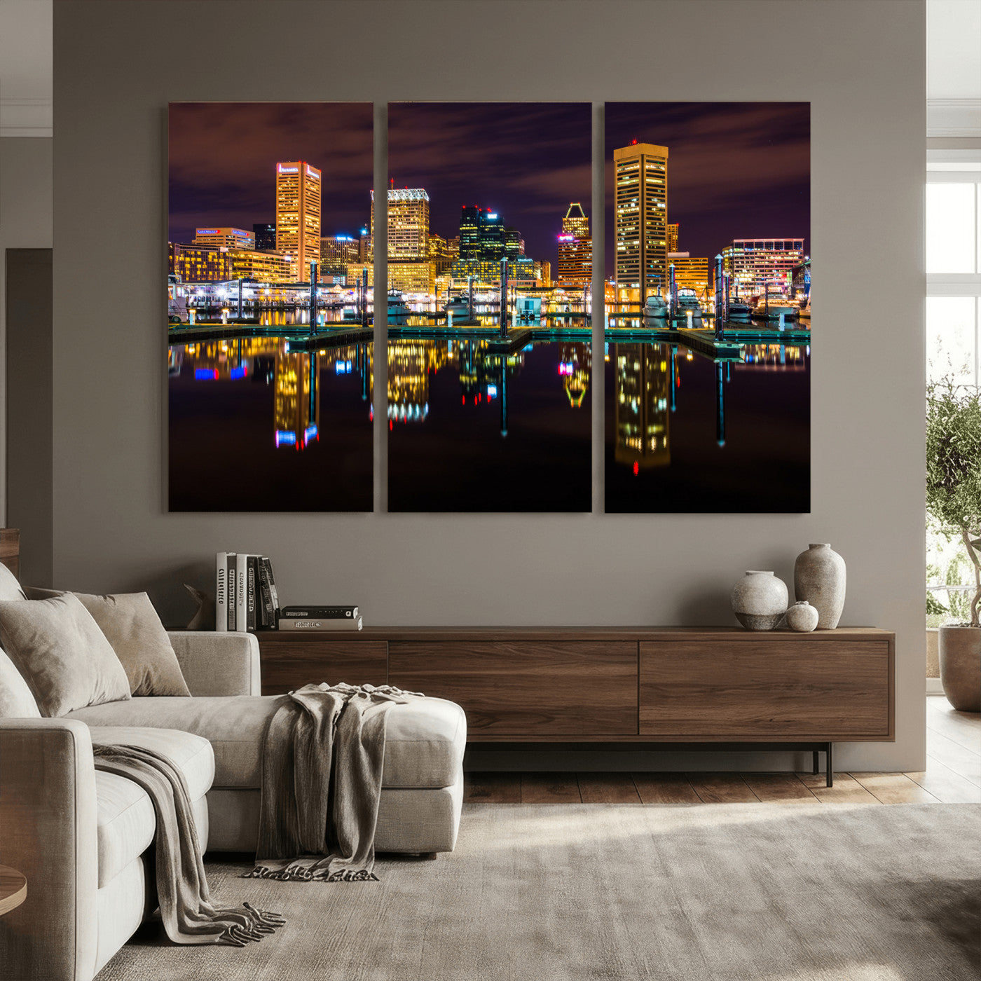 38201692-MGV-CV-36X24 - Baltimore Skyline Wall Art Canvas Print, Baltimore Downtown Night Cityscape Print for Modern Urban Wall Decor