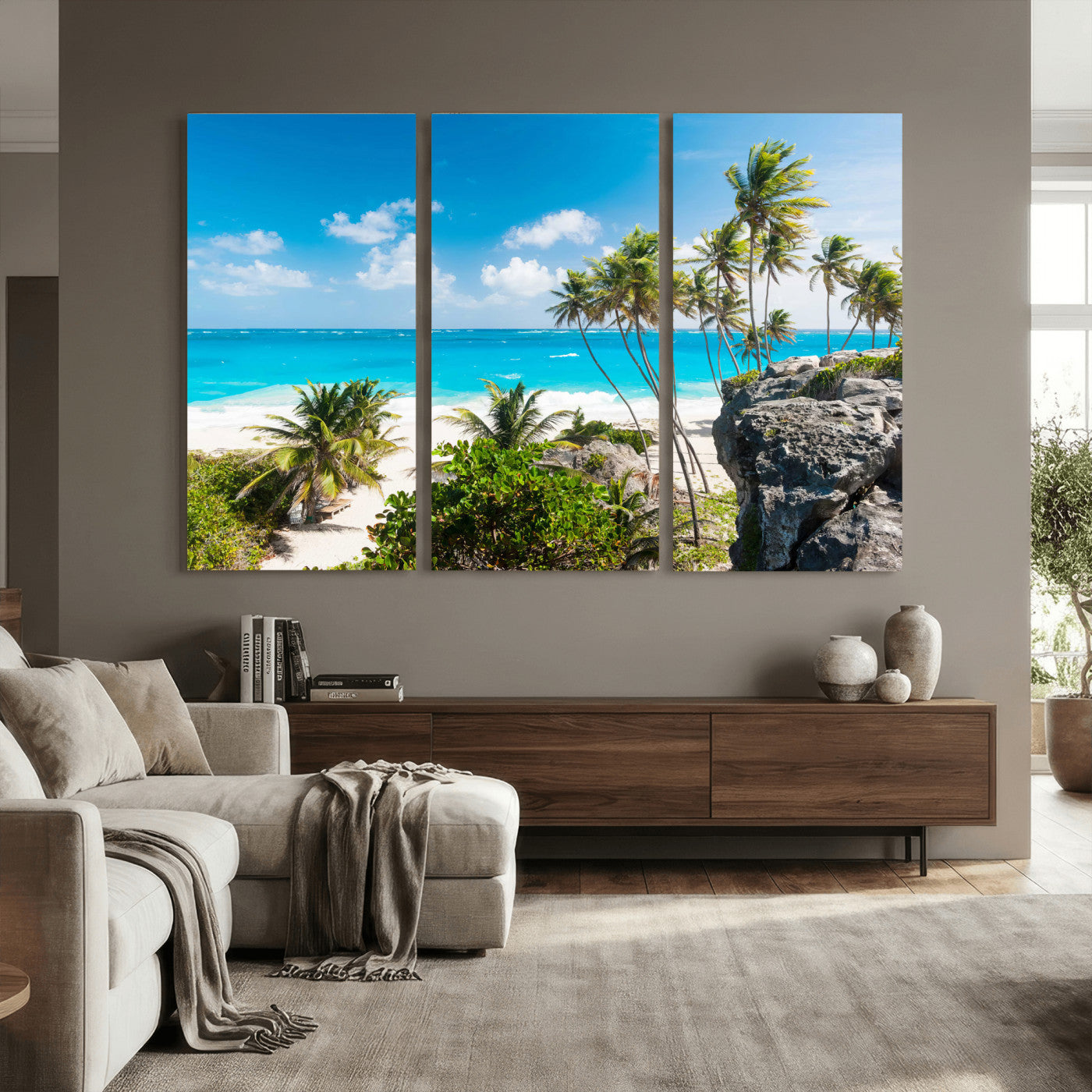 79995168-MGV-CV-36X24 - Barbados Beach Wall Art Canvas Print, Palm Tree Ocean Landscape, Turquoise Sea Coastal Photography, Tropical Island Wall Decor, Framed Ready to Hang
