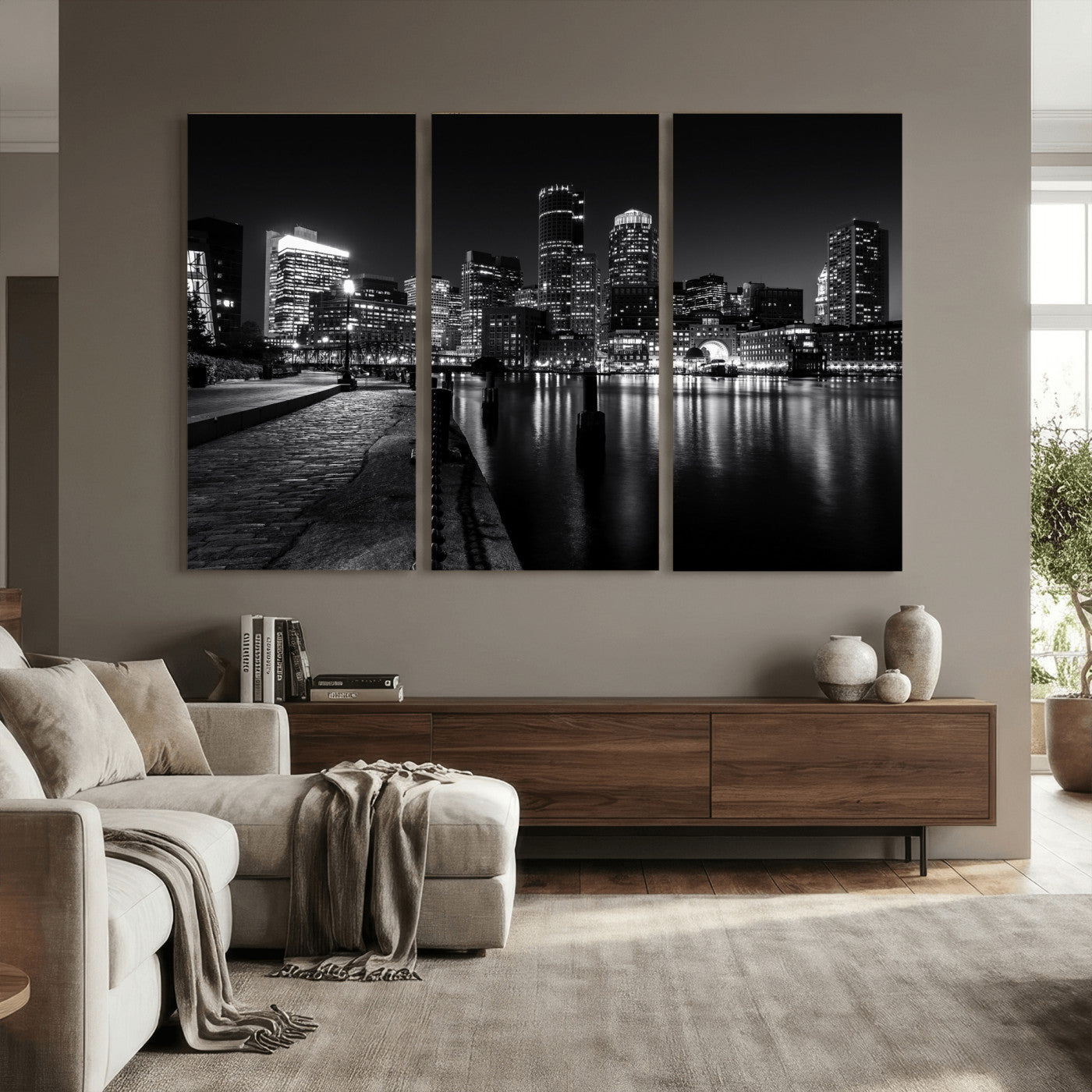 53082656-MGV-CV-36X24 - Boston Wall Art Canvas Print, Boston City Downtown Night Cityscape Print for Modern Urban Wall Decor