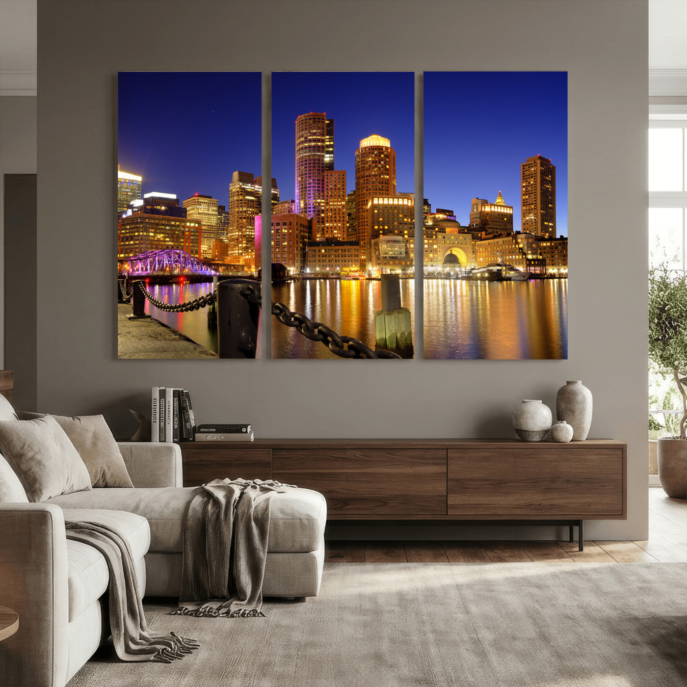 56611117-MGV-CV-36X24 - Boston Wall Art Canvas Print, Boston City Downtown Night Cityscape Print for Modern Urban Wall Decor