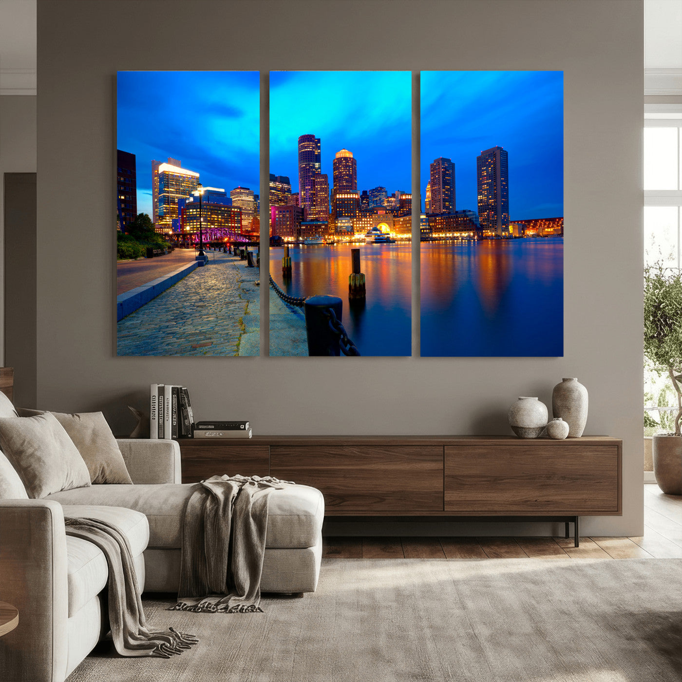 69619565-MGV-CV-36X24 - Boston Wall Art Canvas Print, Boston City Downtown Night Cityscape Print for Modern Urban Wall Decor