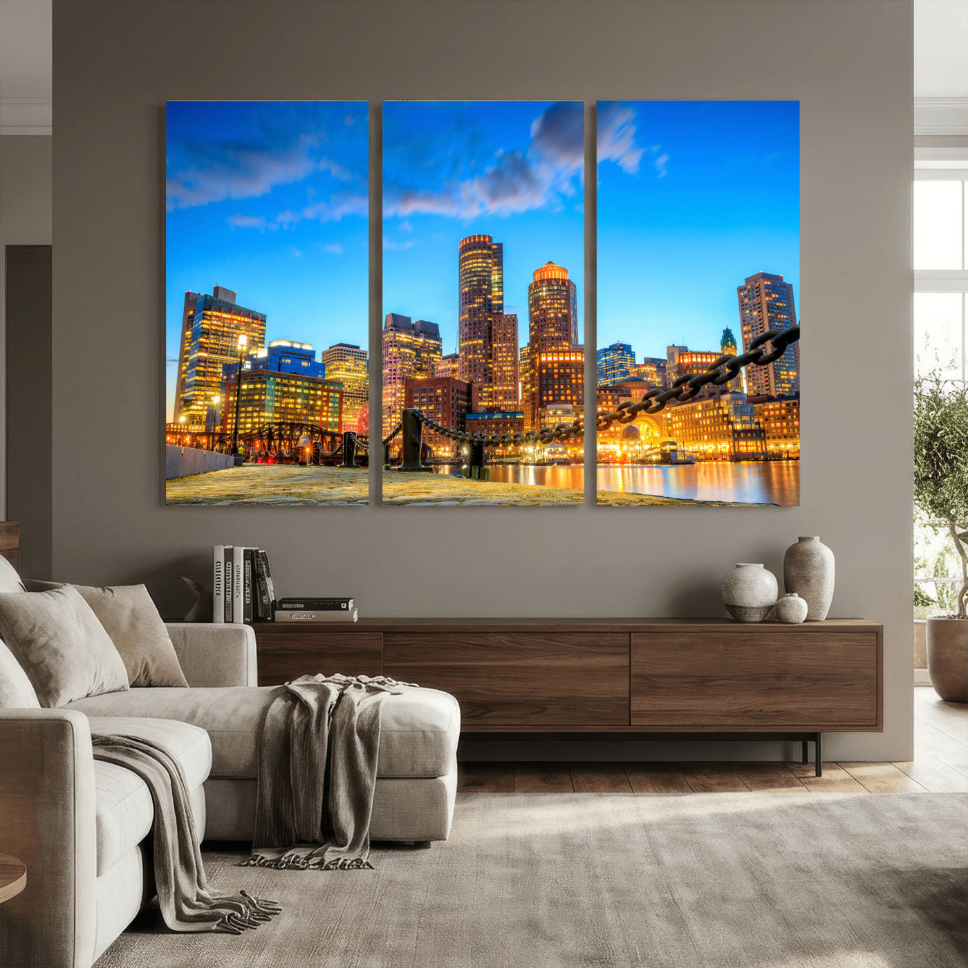 46736409-MGV-CV-36X24 - Boston Wall Art Canvas Print, Boston City Downtown Night Cityscape Print for Modern Urban Wall Decor